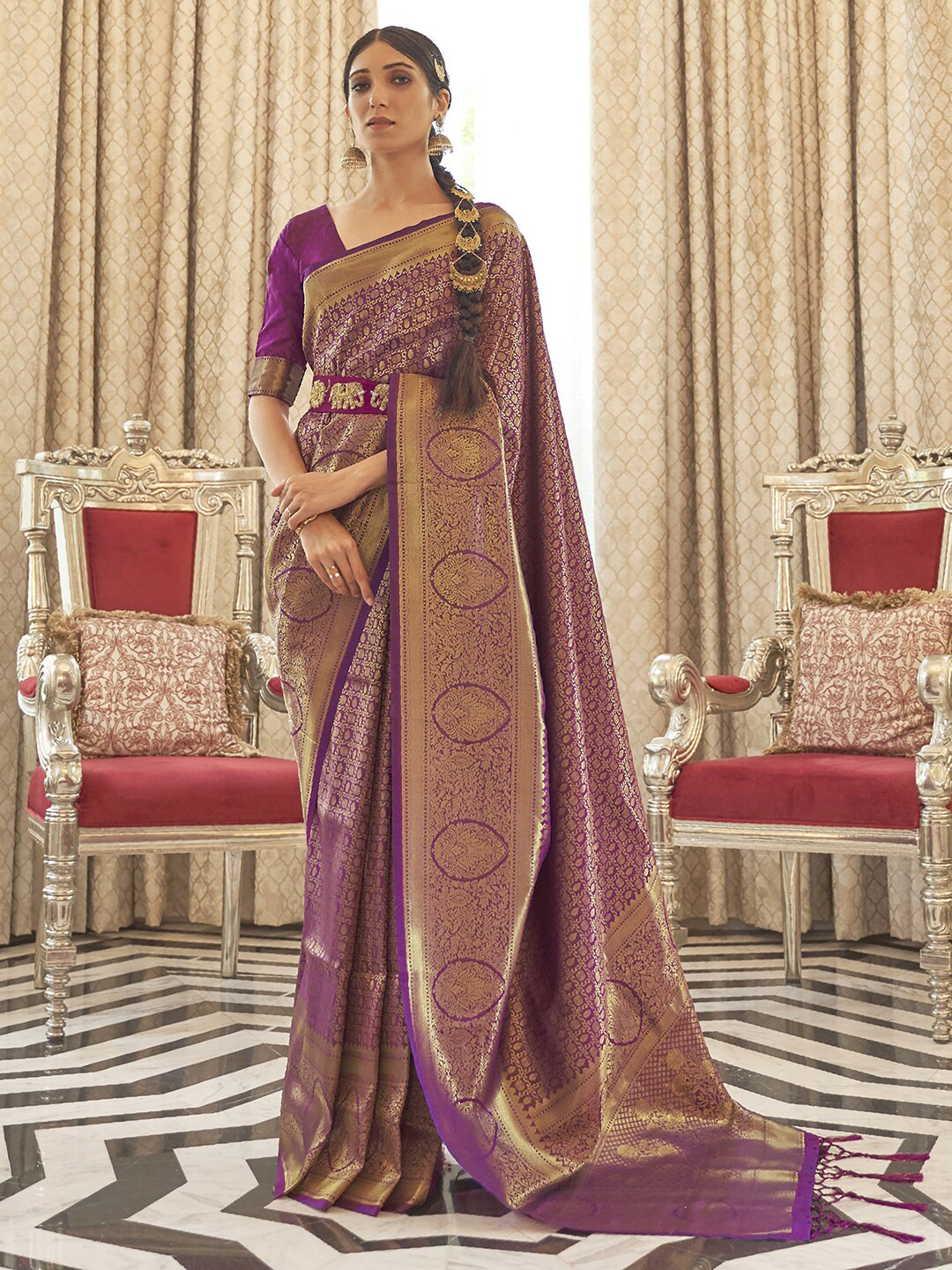 White Kerala Cotton Saree with Gold Zari and Purple