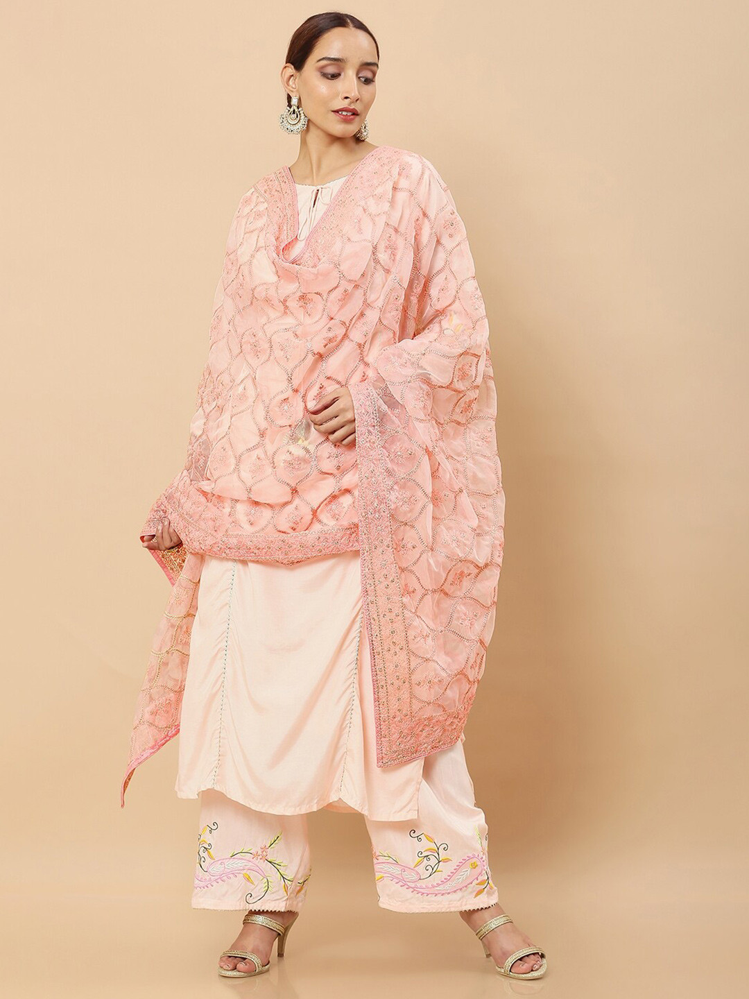 Women Organza Pink Embroidered Kurta Comfort Pant Dupatta main image 0