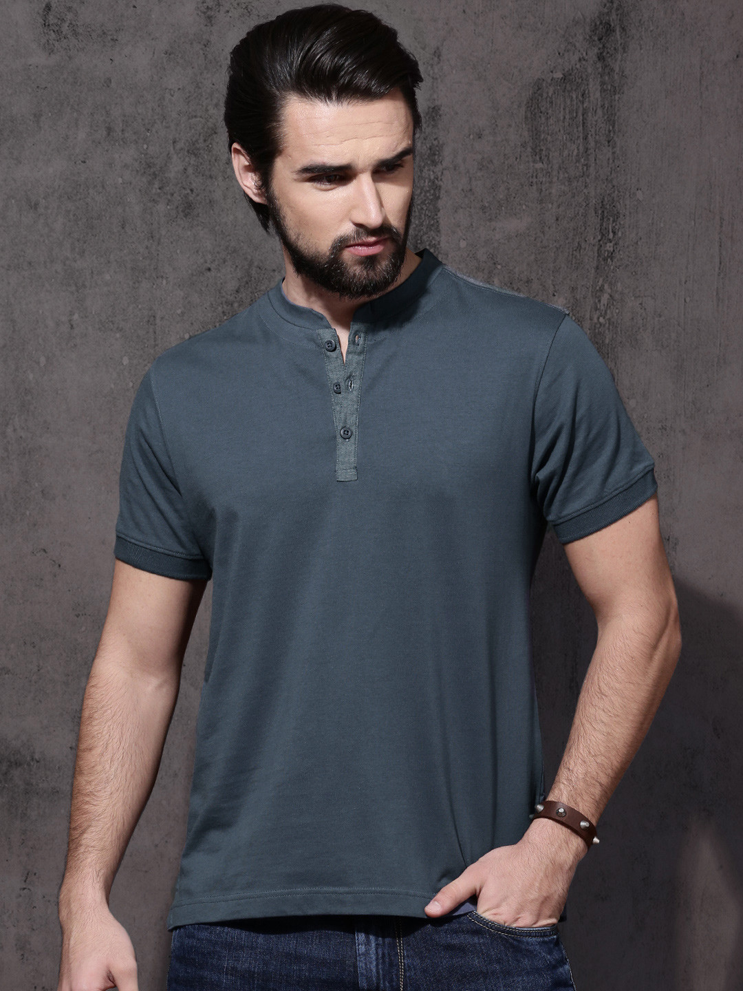 Buy Roadster Men Blue Solid Henley Neck Pure Cotton T Shirt Tshirts