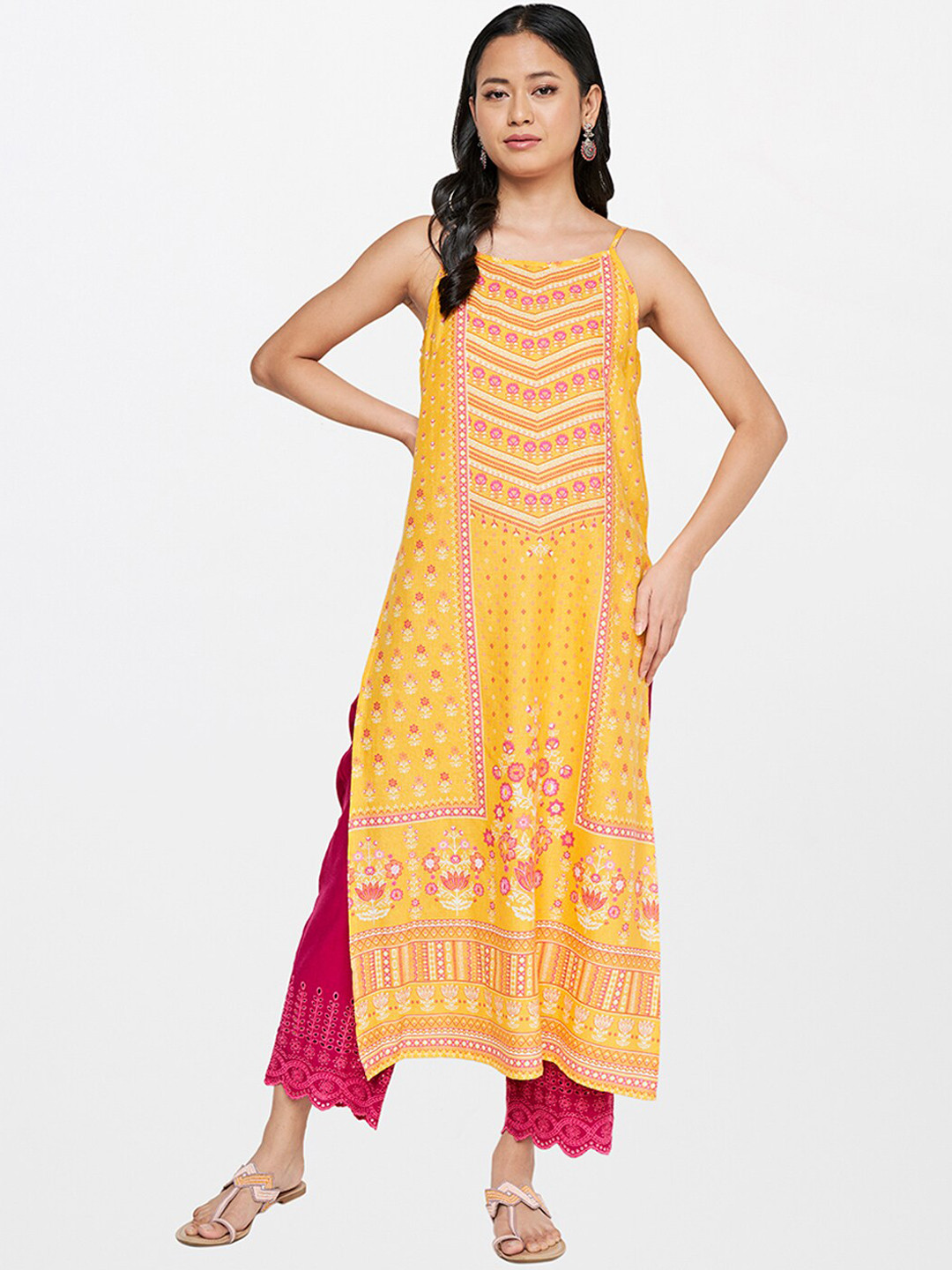 Women Mustard Ethnic Motif Printed Rayon Kurta With Sequins & Buttons