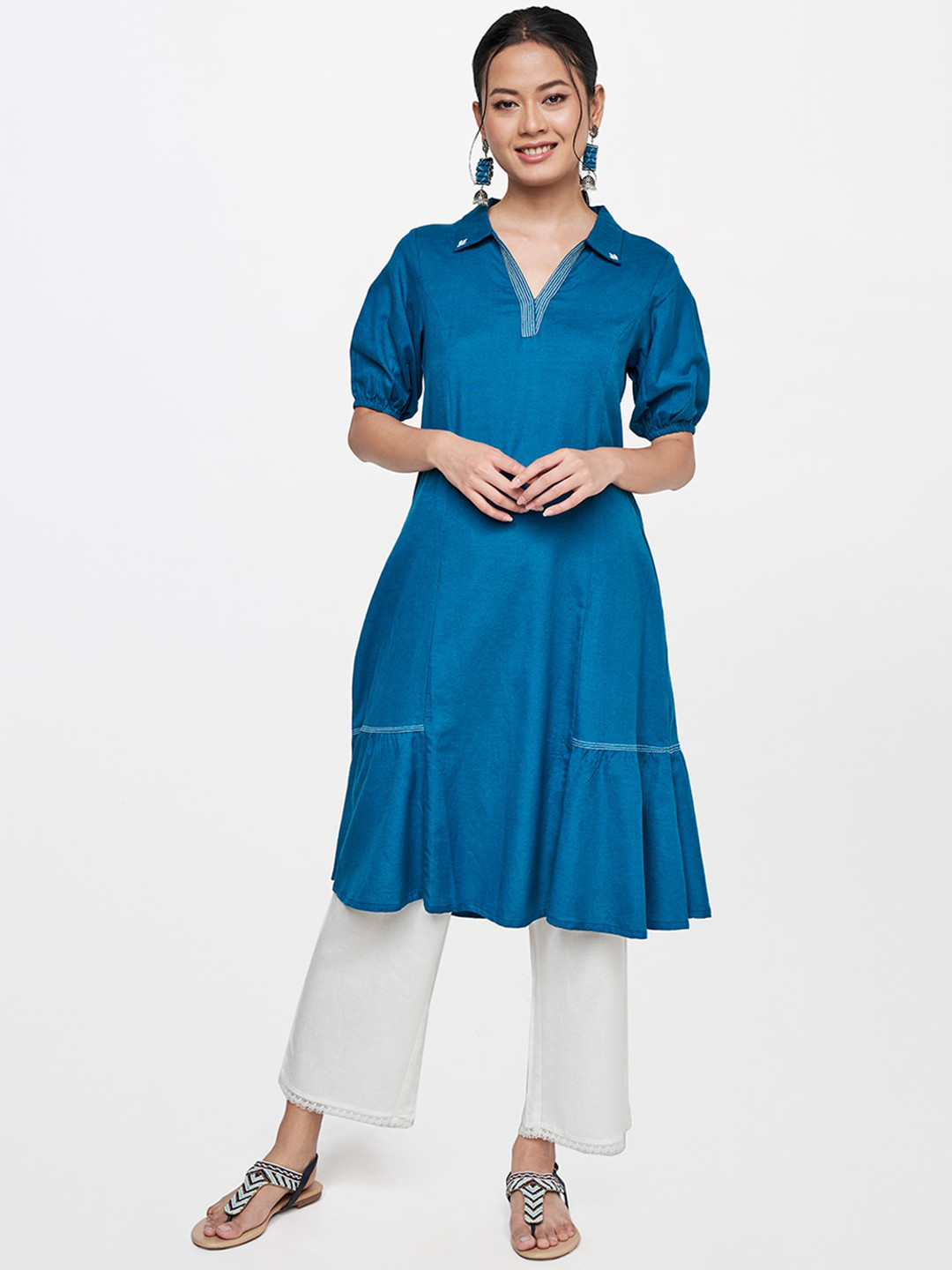 Buy Global Desi Women Teal Solid Shirt Collar Puff Sleeve Kurta Kurtas for Women 19977104 Myntra