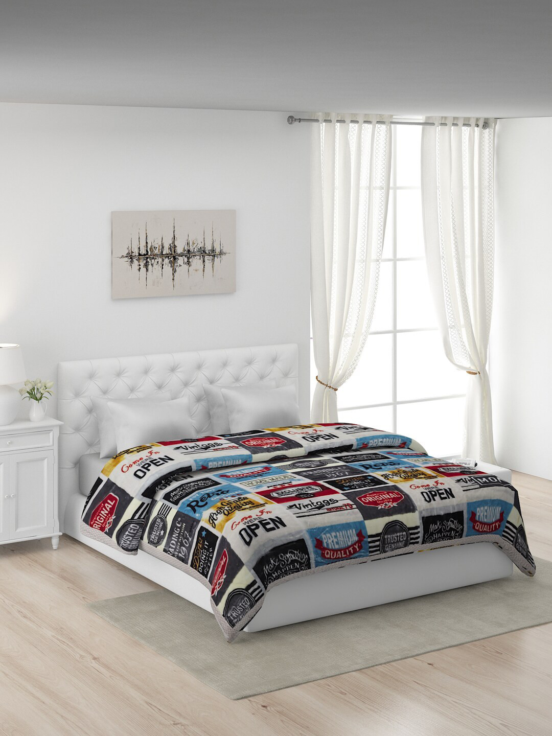 Buy Monte Carlo Off White & Blue Polyester Heavy Winter Double Bed Mink