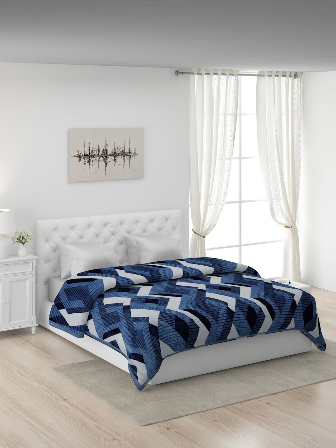 Buy Monte Carlo Blue & White Geometric AC Room Polyester 380 GSM Double