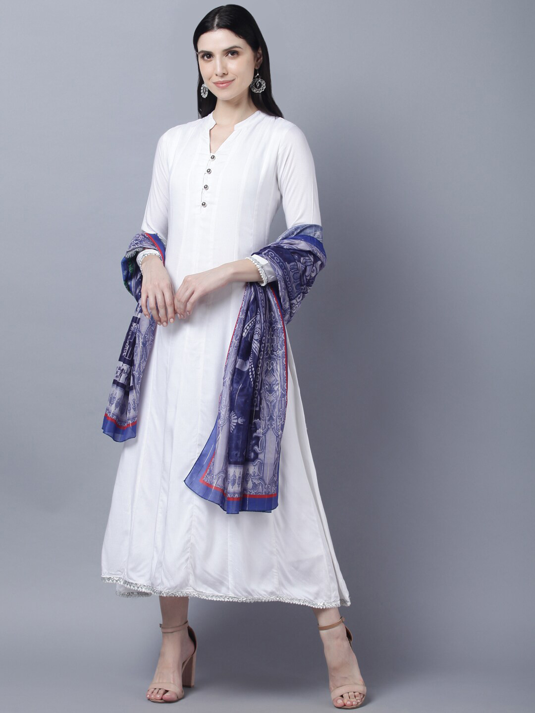 Women's Ethnic Solid White Anarkali Kurta Set with Dupatta