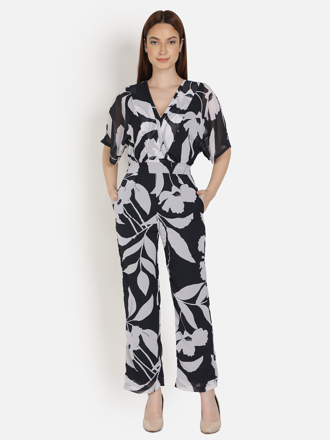 Ishin Women's Rayon White Printed Basic Jumpsuit