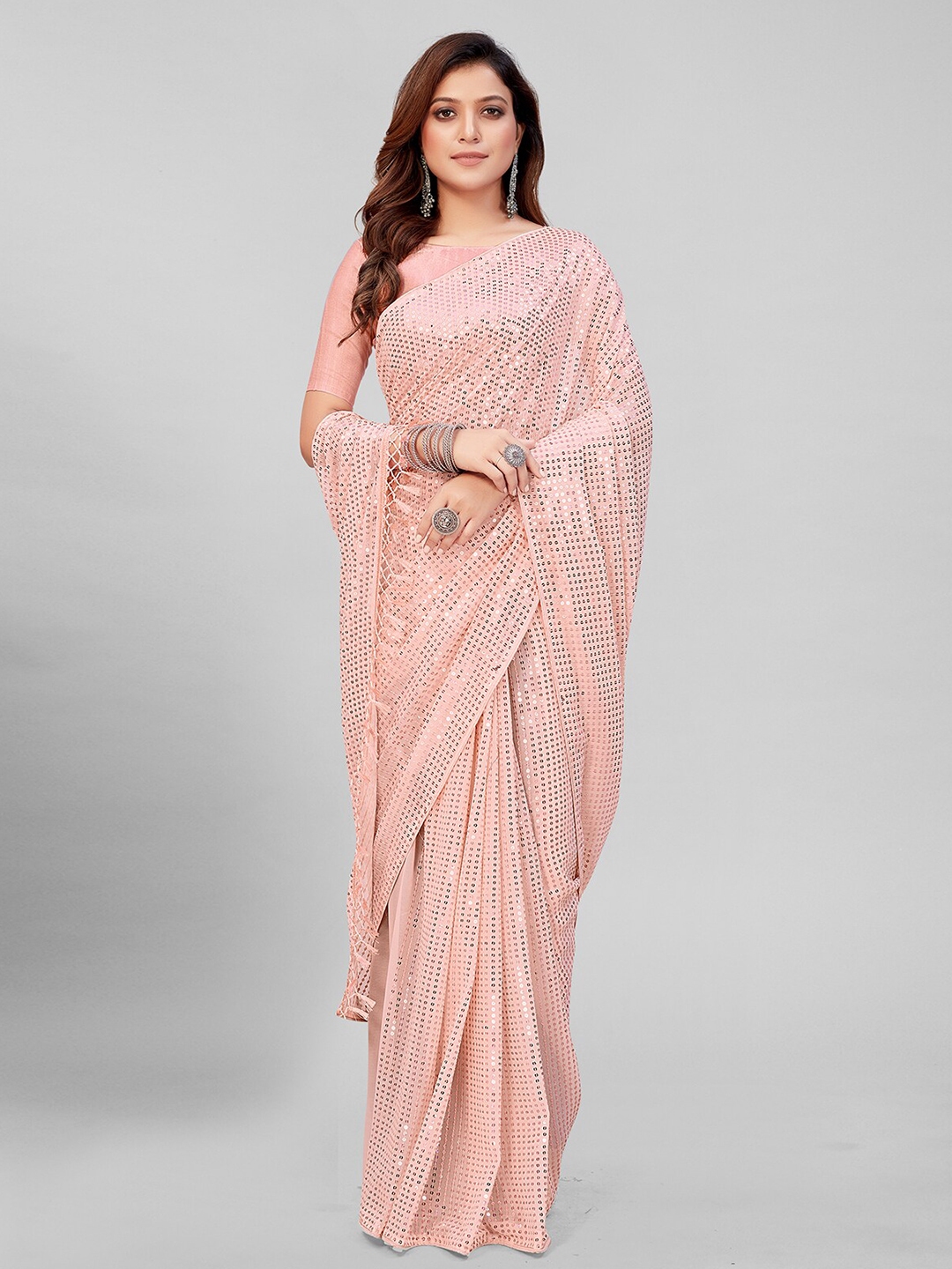 Buy Granthva Fab Pink Embellished Sequinned Pure Georgette Saree