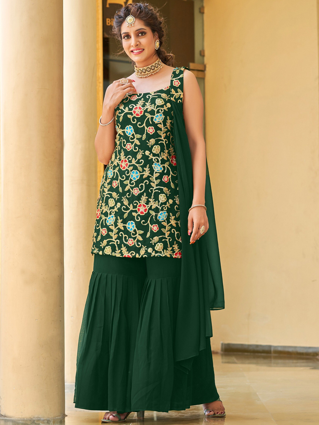 Plus Size Floral Embroidered Thread Work Kurta With Sharara & Dupatta
