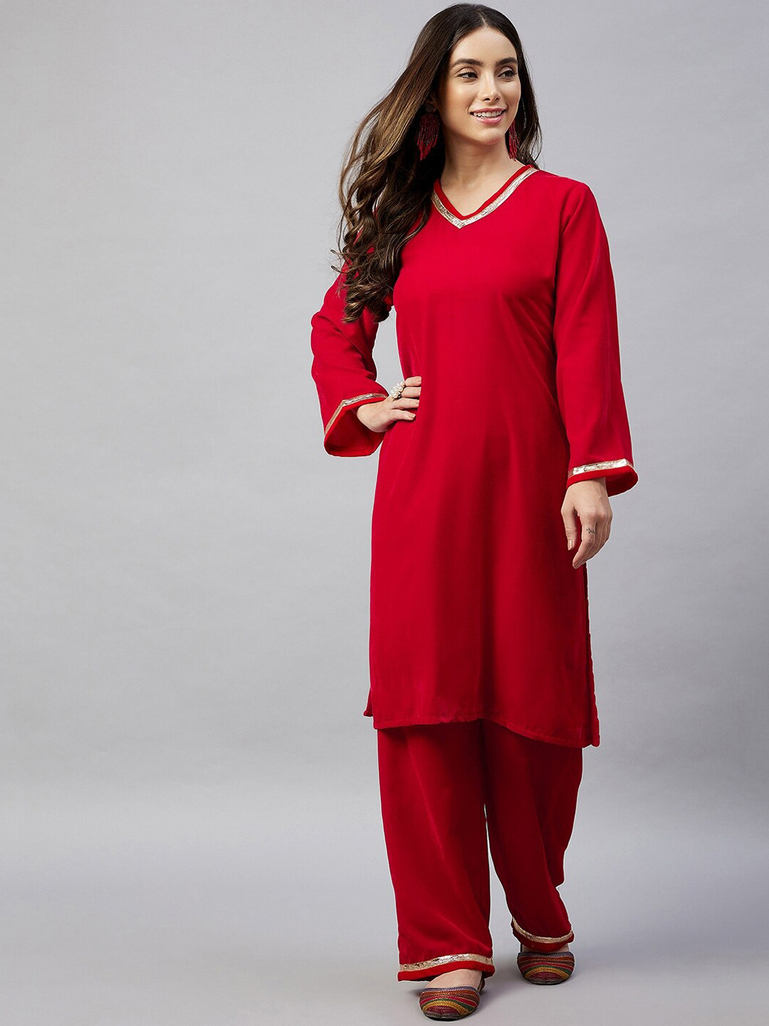 Women Red Velvet V-Neck Embroidered Straight Kurta