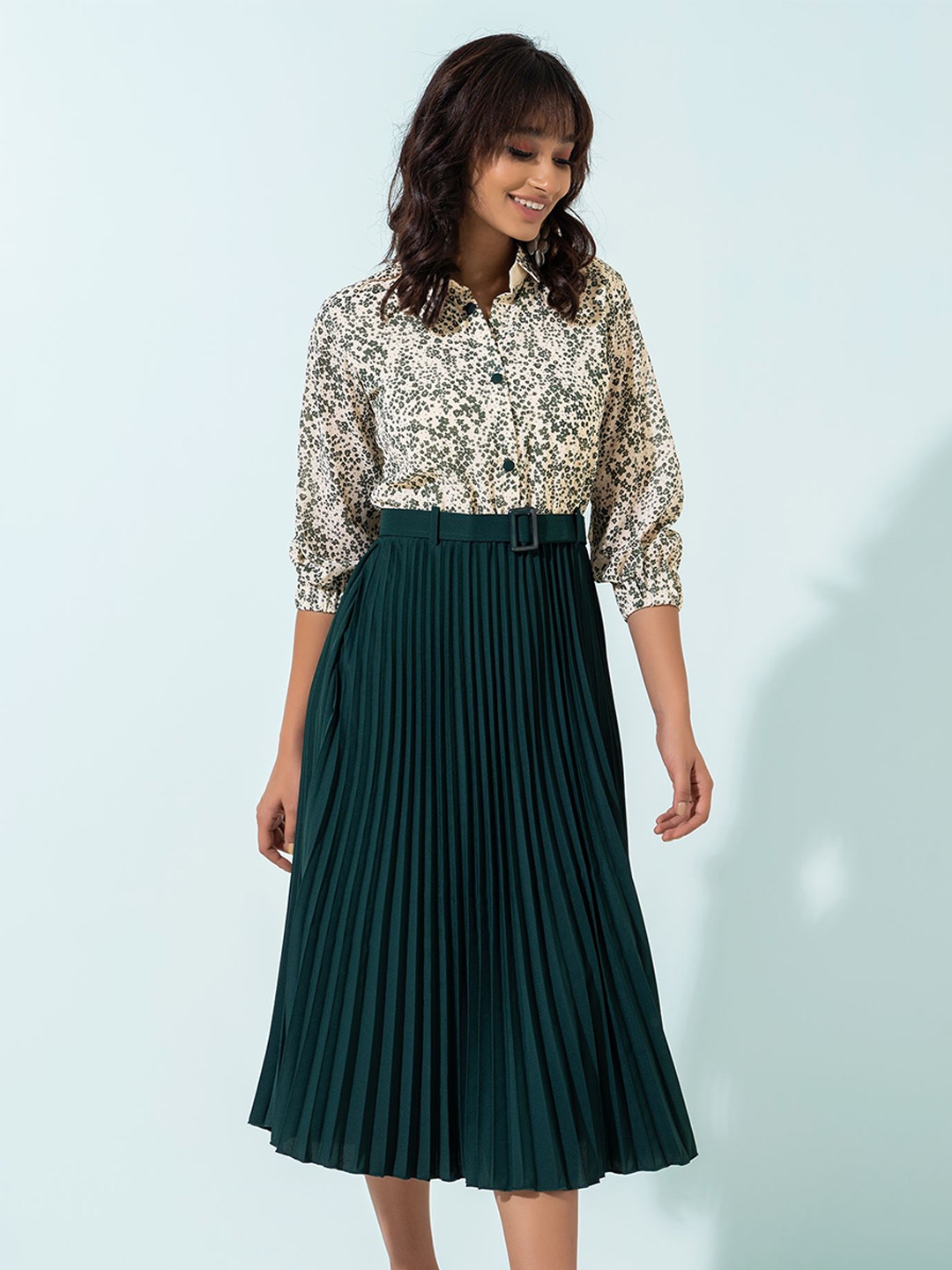 Buy AASK Green & Beige Floral Crepe Shirt Midi Dress - Dresses for ...