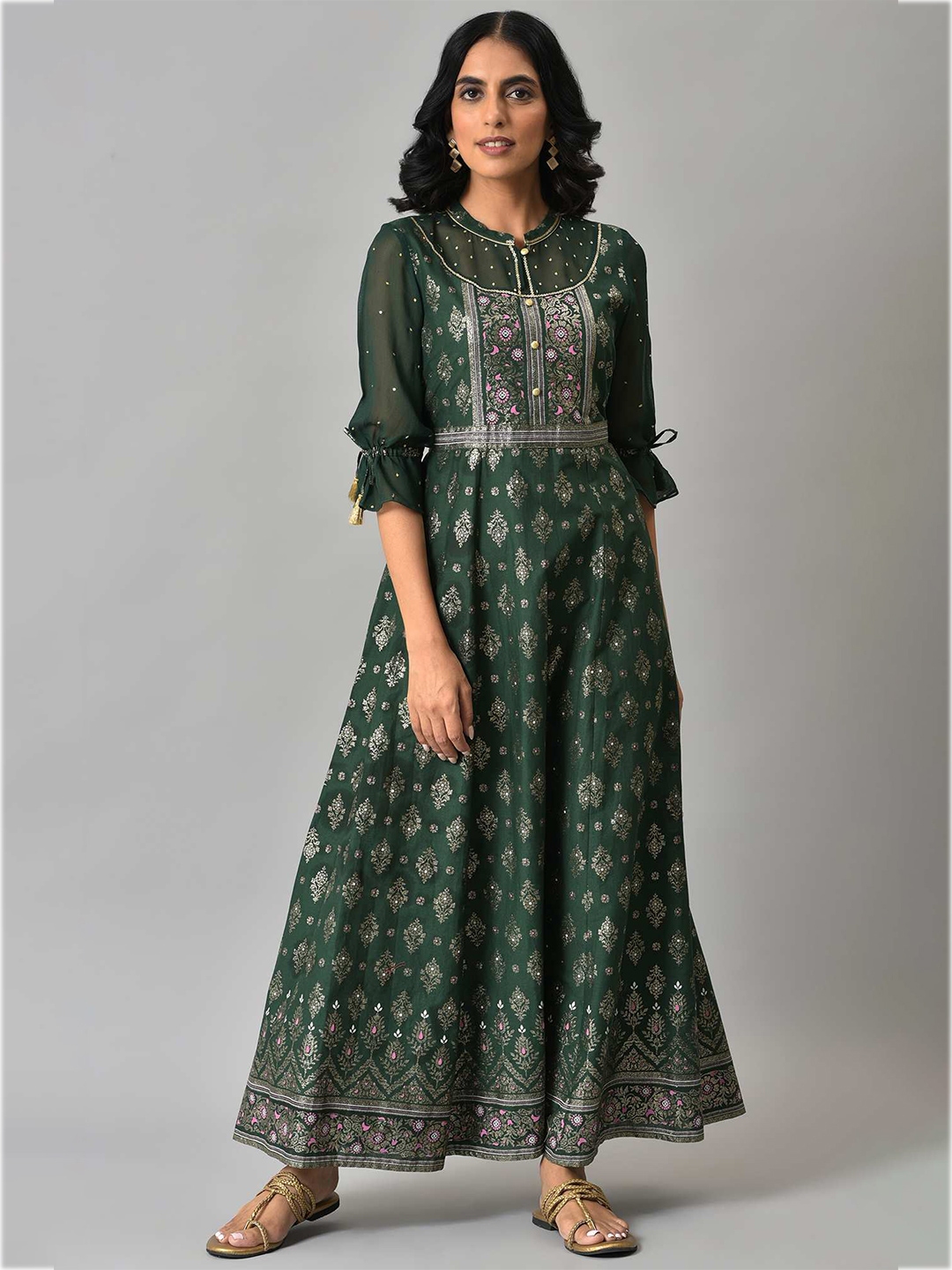 Buy AURELIA Green & Pink Ethnic Motifs Pure Cotton Maxi Ethnic Dress ...