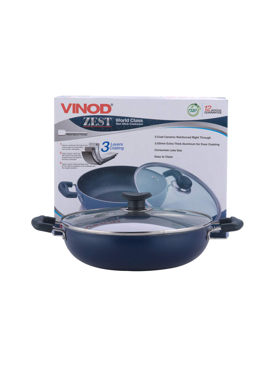 Buy Vinod Blue Dishwasher Safe Solid Kadai With Lid 3.4 Ltr Cookware
