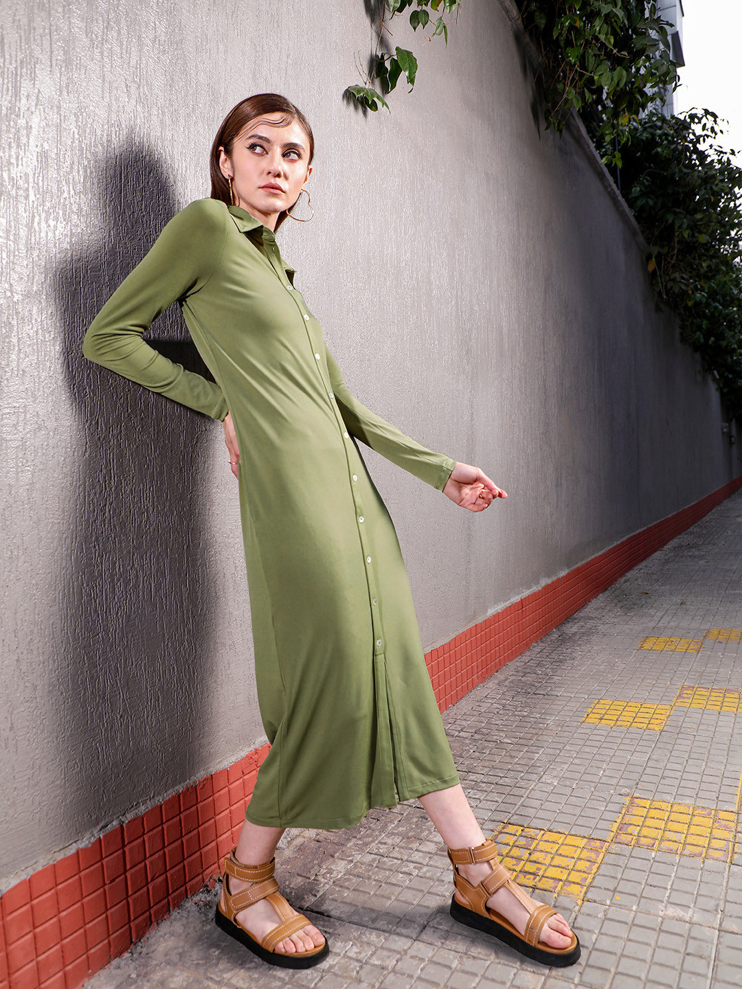 Buy MANGO Olive Green Solid Sustainable Shirt Midi Dress Dresses for Women 19998574 Myntra