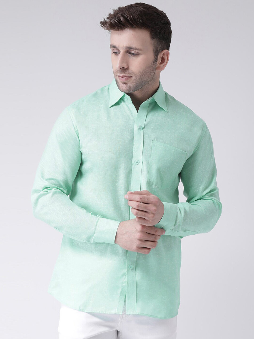 Men's Sea Green Slim Fit Vertical Striped Cotton Casual Shirt