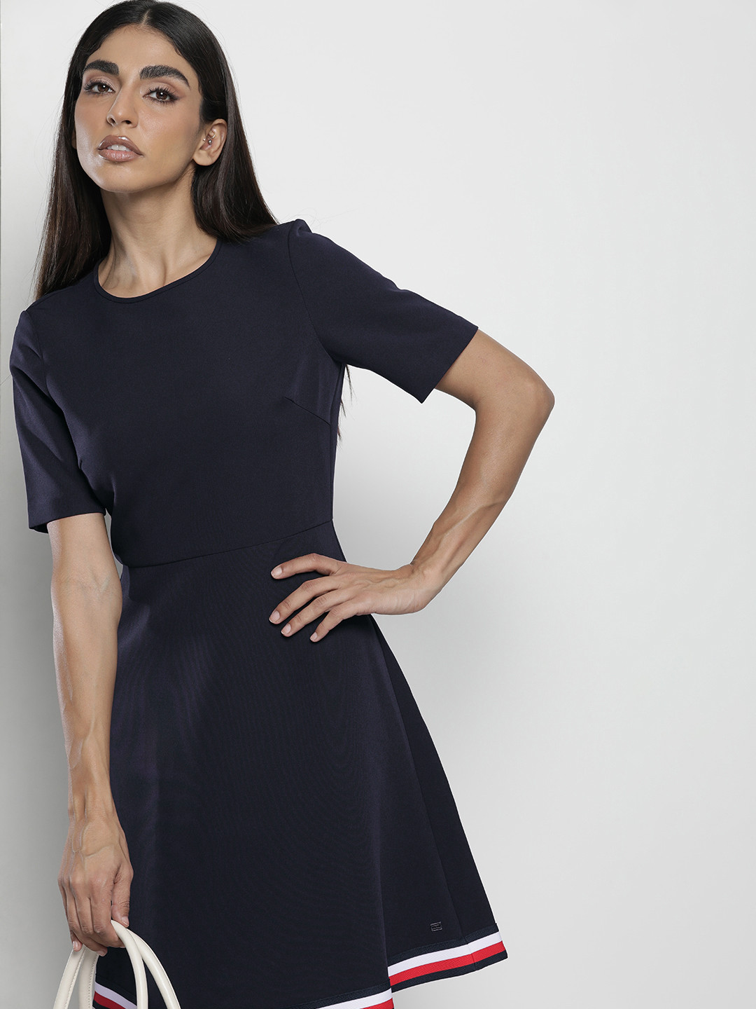 Buy Tommy Hilfiger Women Navy Blue Solid Puff Sleeves Fit And Flare