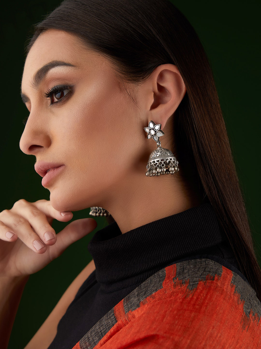 Beaded Dome-Shaped Oxidised Jhumka Drop Earrings