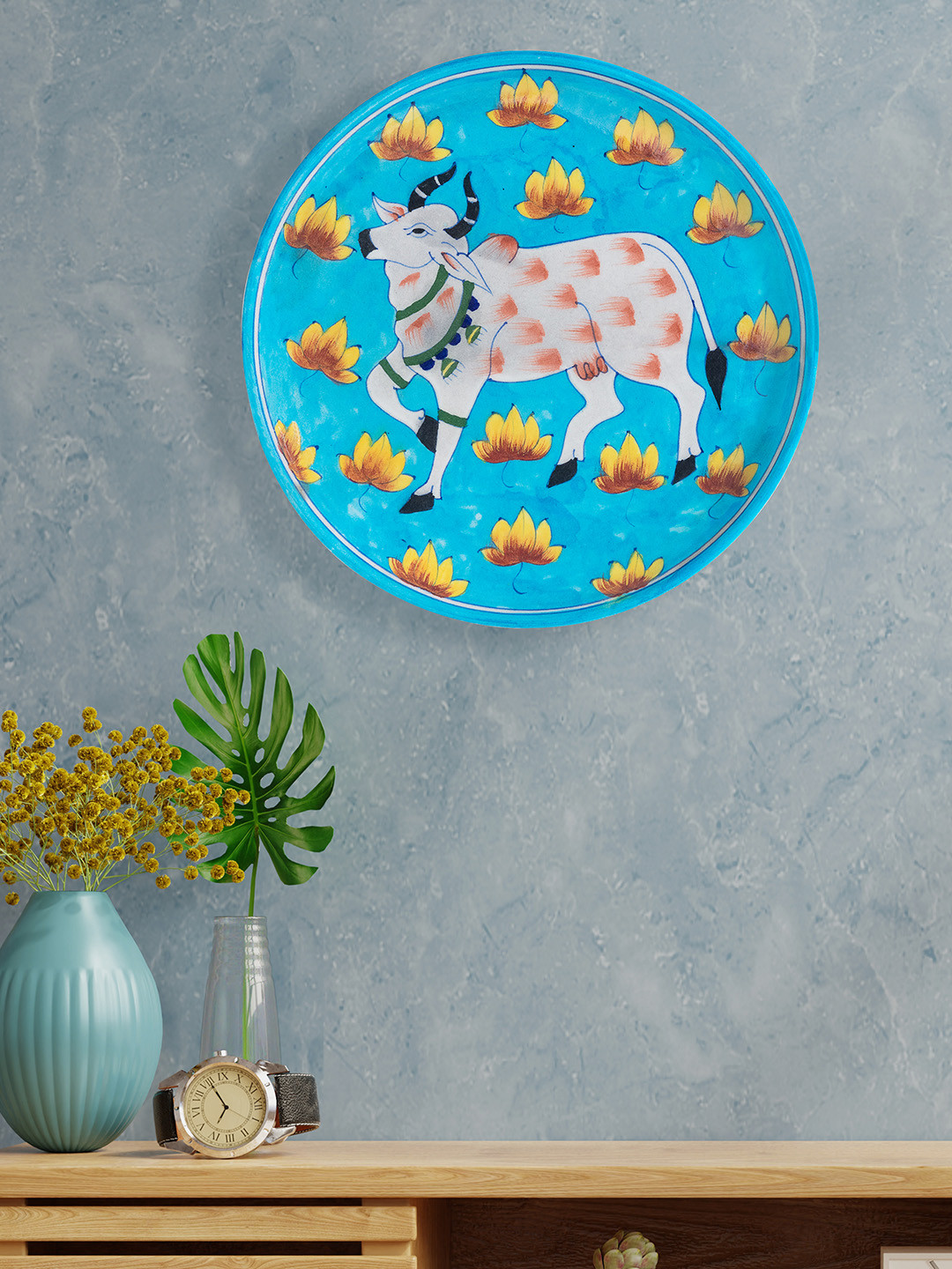 Buy Golden Peacock Turquoise Blue Handpainted Pottery Decorative Wall