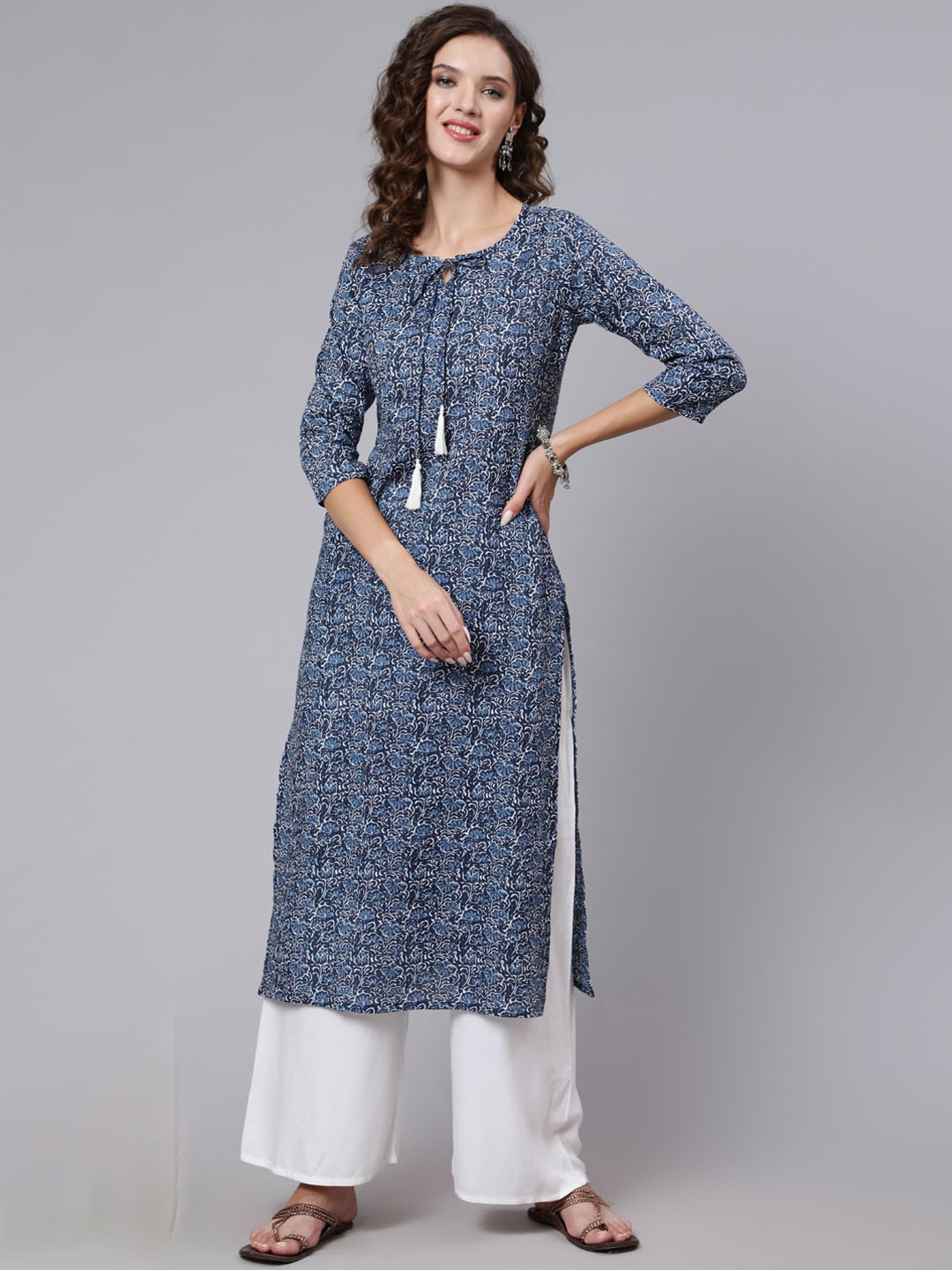 Buy Nayo Women Blue Printed Keyhole Neck Three Quarter Sleeves Straight