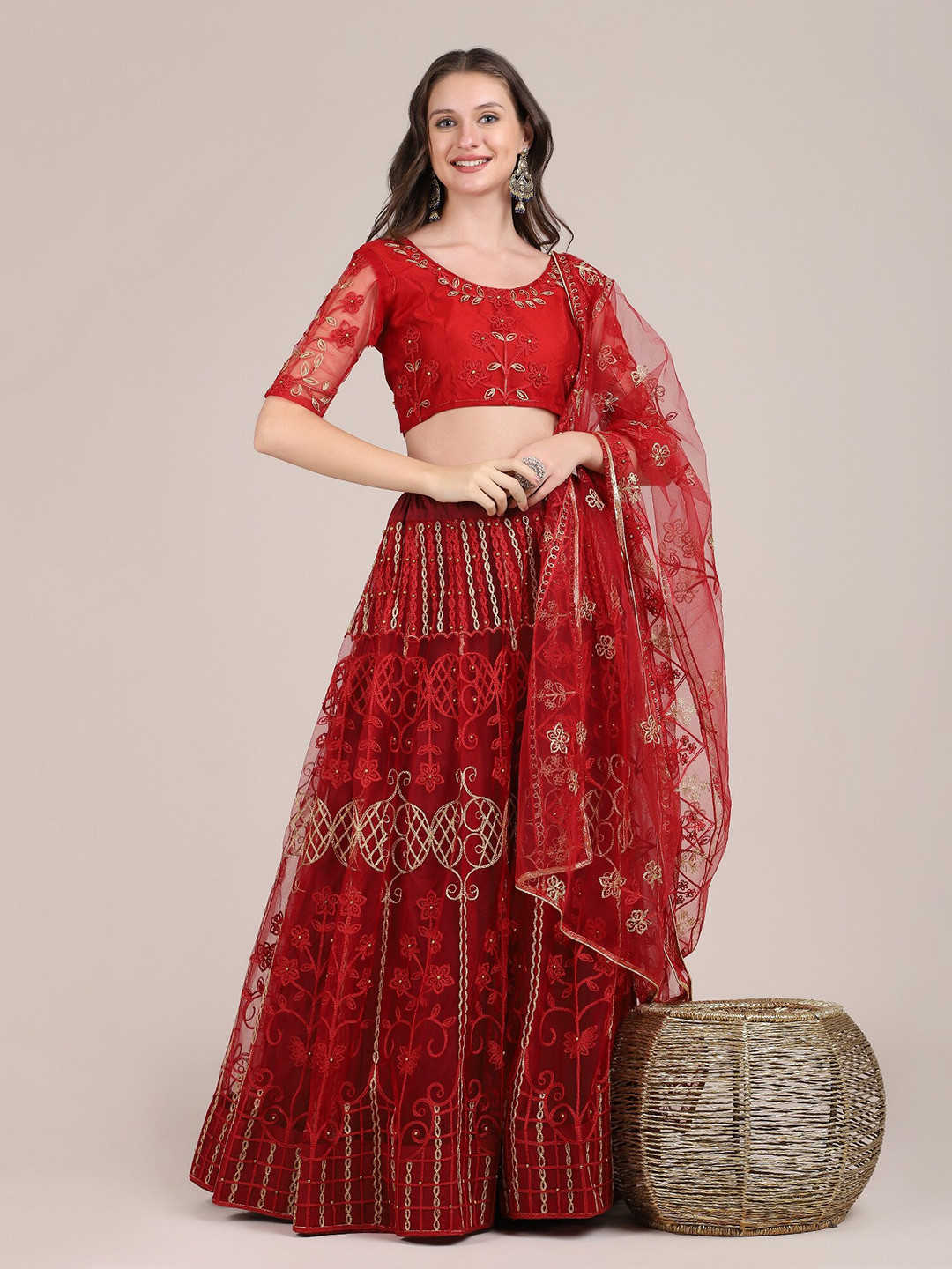 Burgundy & Gold-Toned Embroidered Semi-Stitched Lehenga & Unstitched Blouse With Dupatta