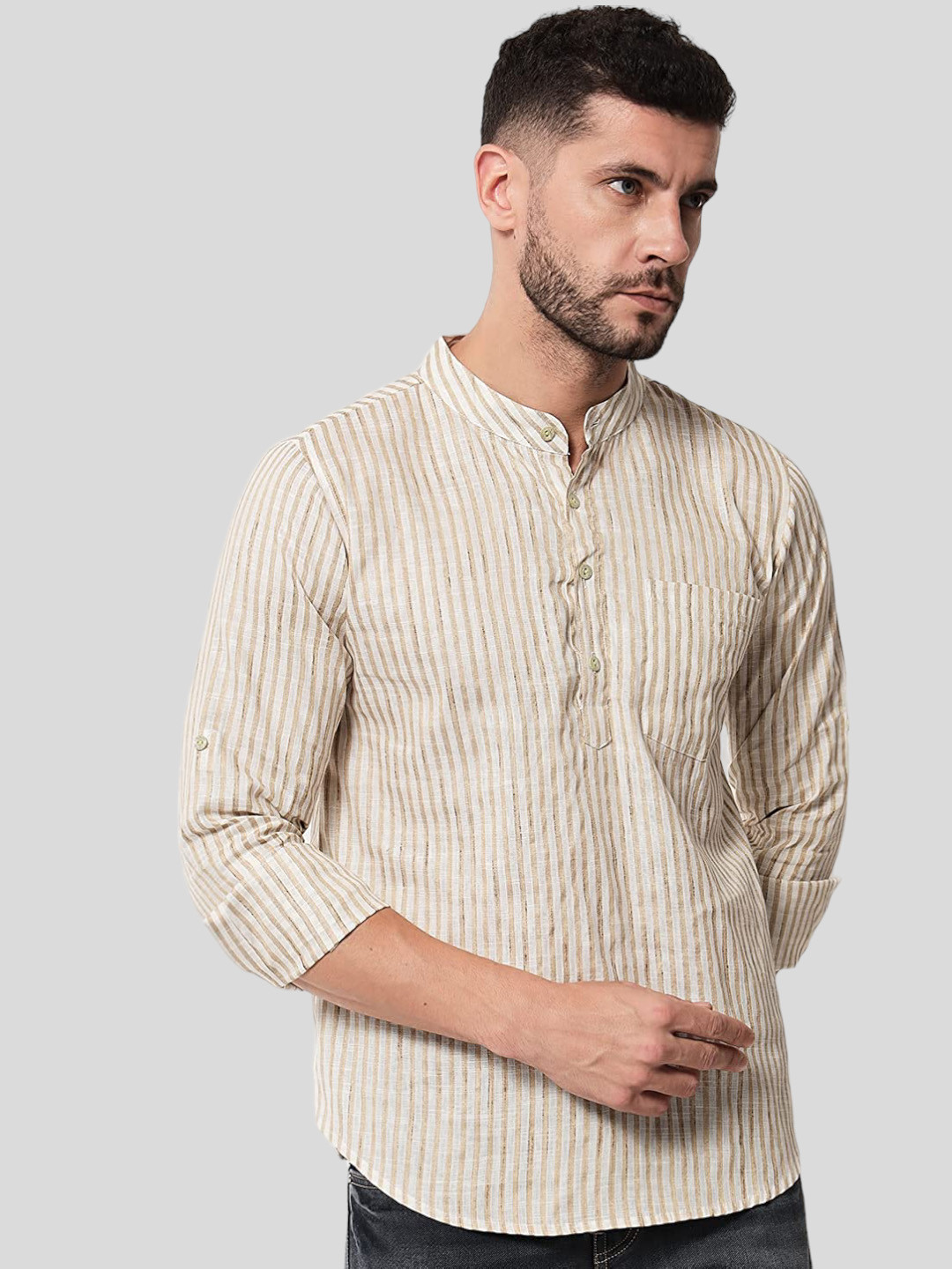 Vastraa Fusion Long Kurta For Men - South Cotton Golden Line Pattern Kurta