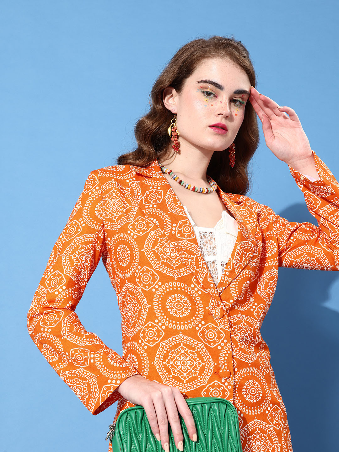 Buy KASSUALLY Women Bright Orange Suit Up Ethnic Motifs Blazer