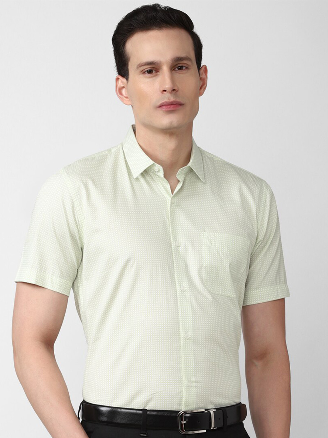 Buy Peter England Men Sea Green Micro Checks Printed Cotton Formal