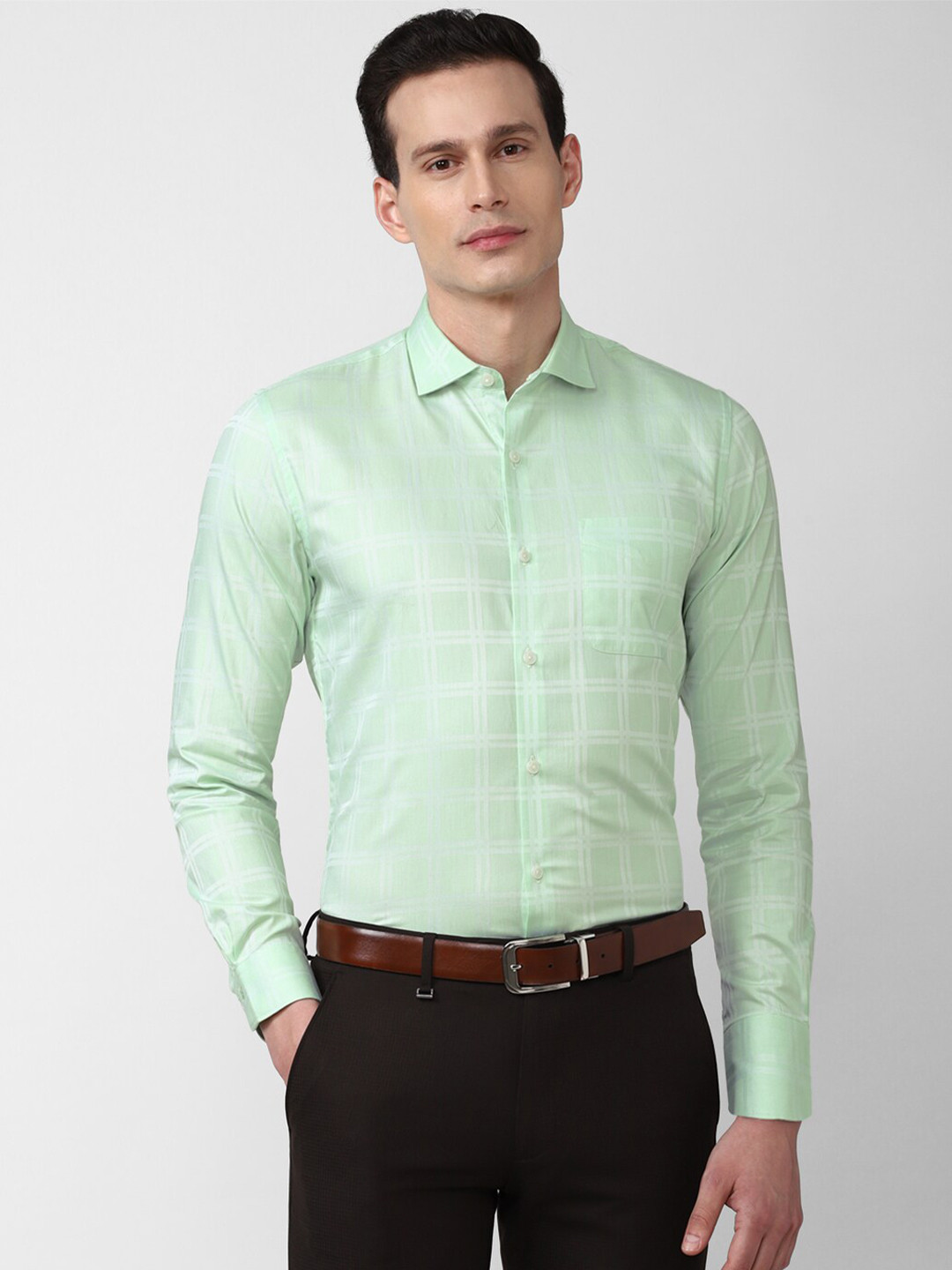 Buy Peter England Elite Men Green Slim Fit Checked Formal Shirt