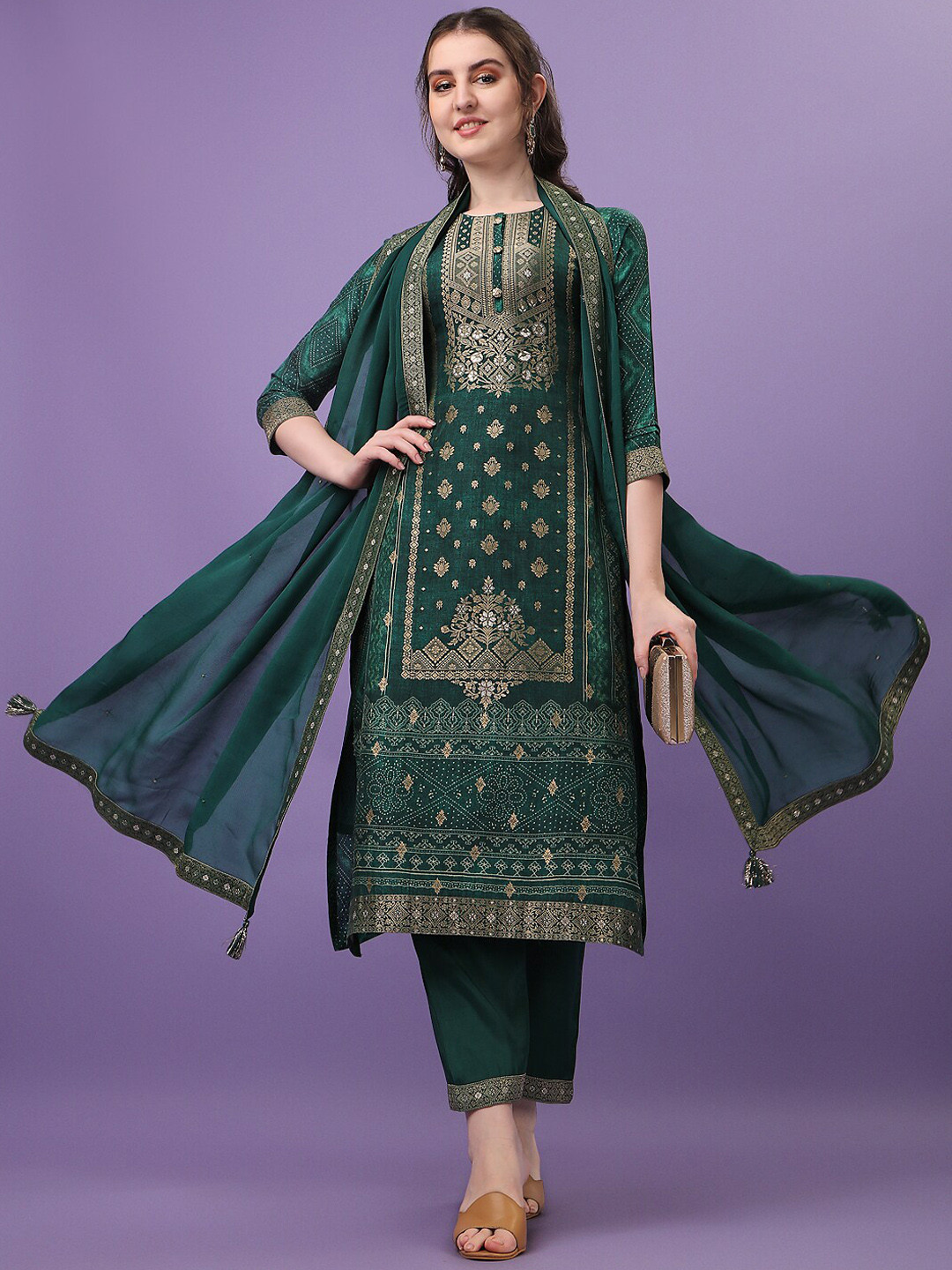 Green Ethnic Motifs Woven Design Mandarin Collar Jacquard Kurta with Dhoti Pants