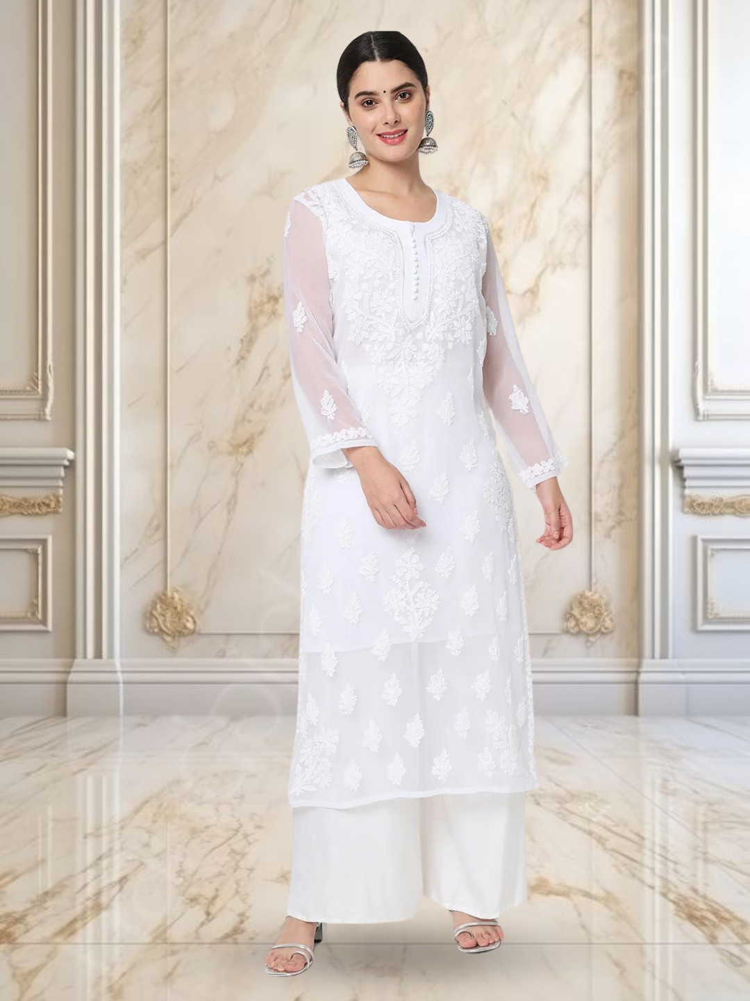 Women Chikan Embroidery Cotton Blend Flared Kurta  (White)