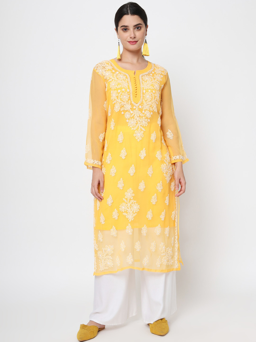 Buy PARAMOUNT CHIKAN Women Mustard Yellow Embroidered Chikankari