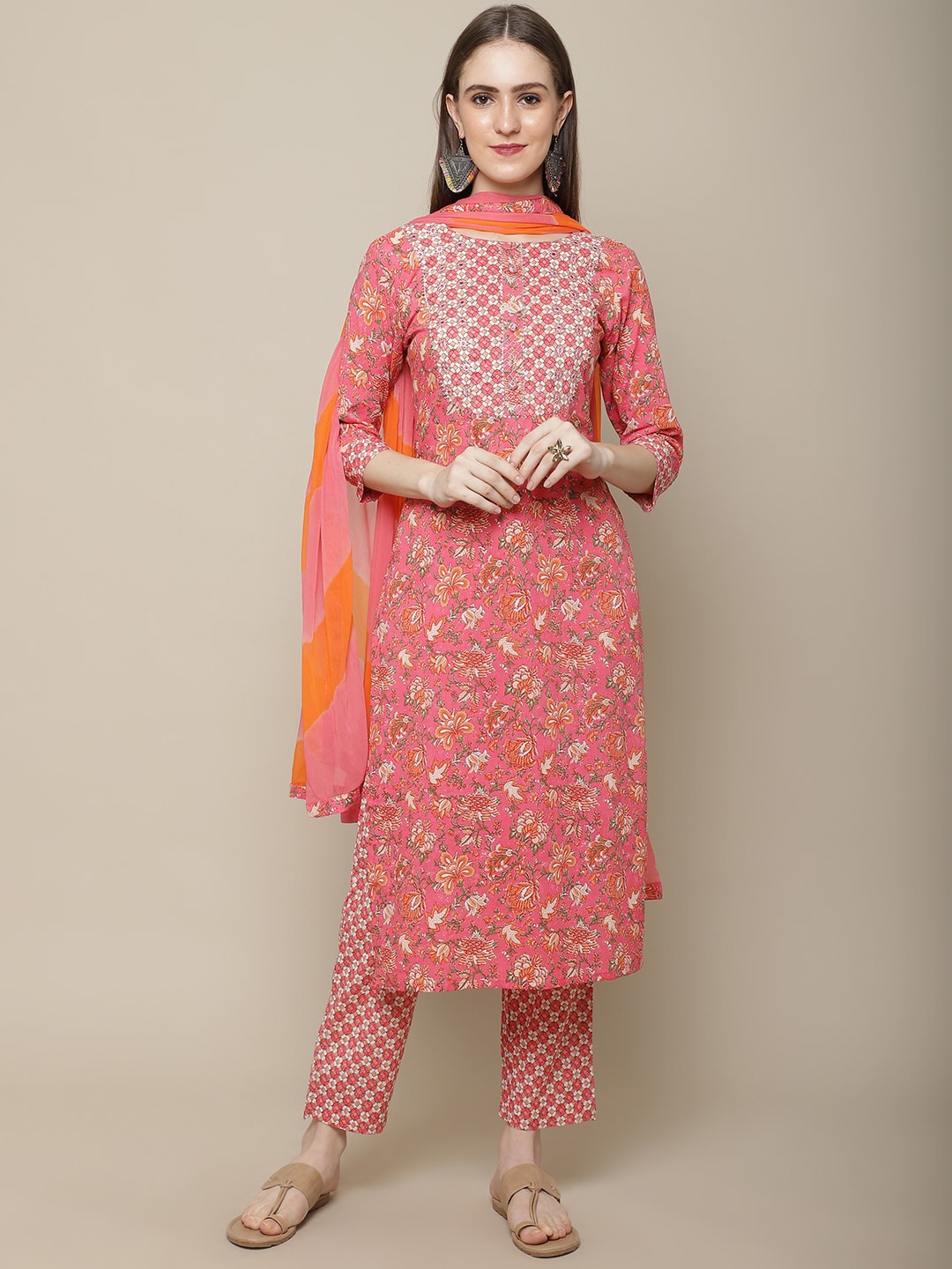Buy Sangria Women Pink Floral Printed Pure Cotton Kurta With Trouser ...