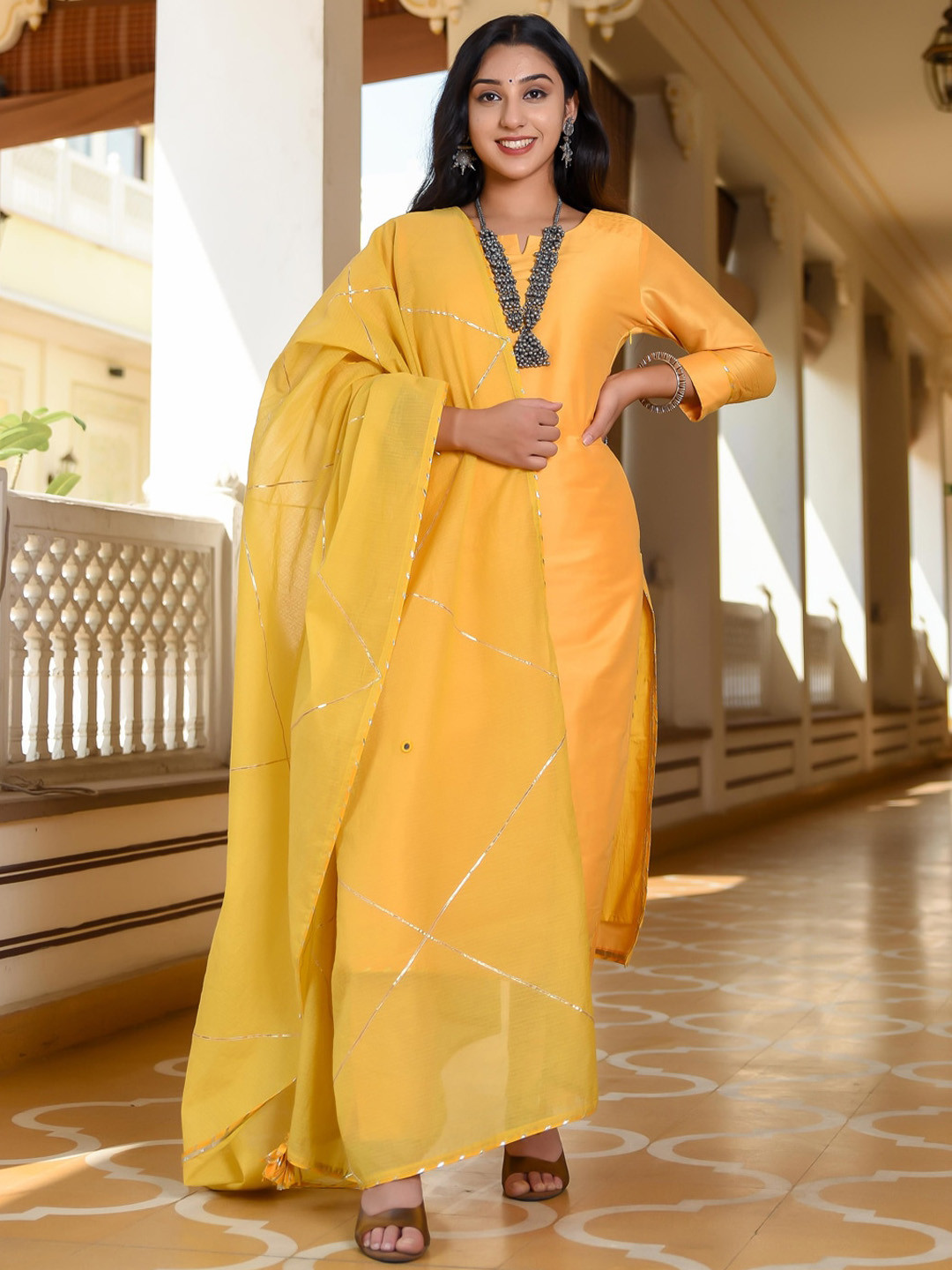 Yellow & Gold Toned Solid Kurta Set with Trousers & Dupatta for Women - Indiaista