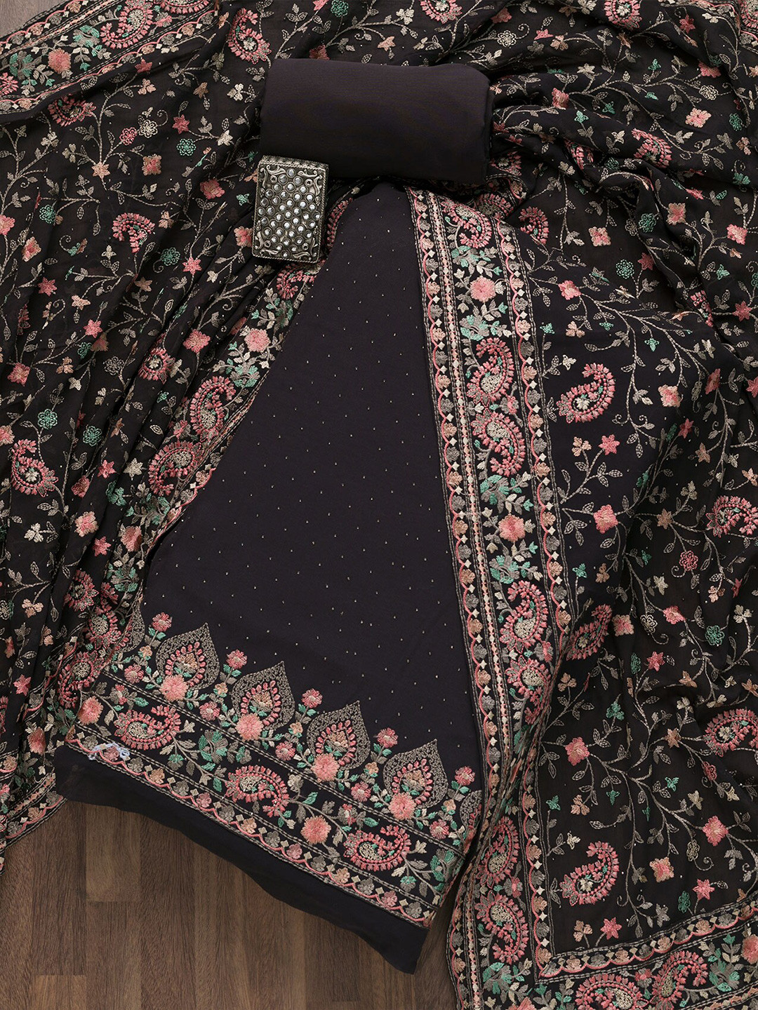 Buy Koskii Black & Pink Embroidered Unstitched Dress Material Dress