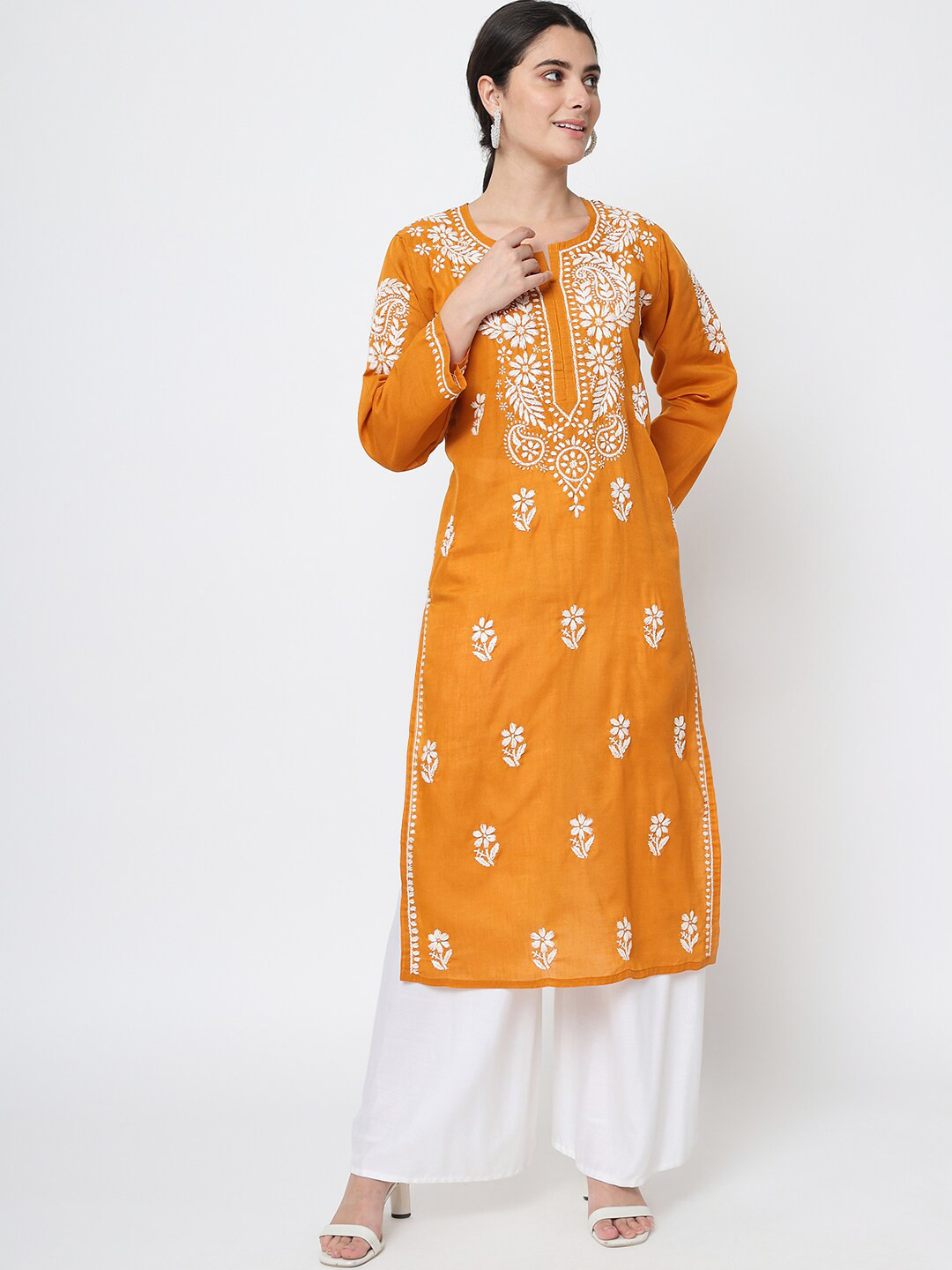 Buy PARAMOUNT CHIKAN Women Mustard Yellow Chikankari Embroidery Regular