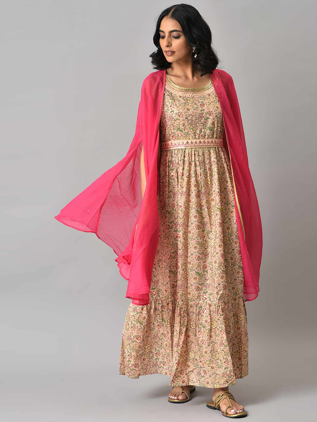 Women Pink Floral Printed Anarkali Kurta With Palazo & Dupatta main image 0