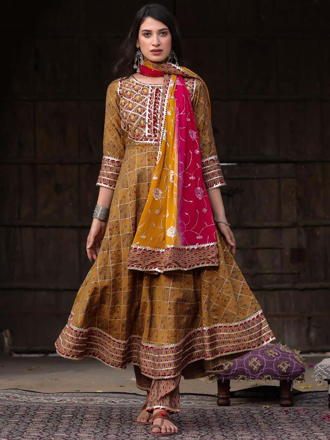 Ethnic Motifs Yoke Design Gotta Patti Straight Kurta with Trousers & Dupatta