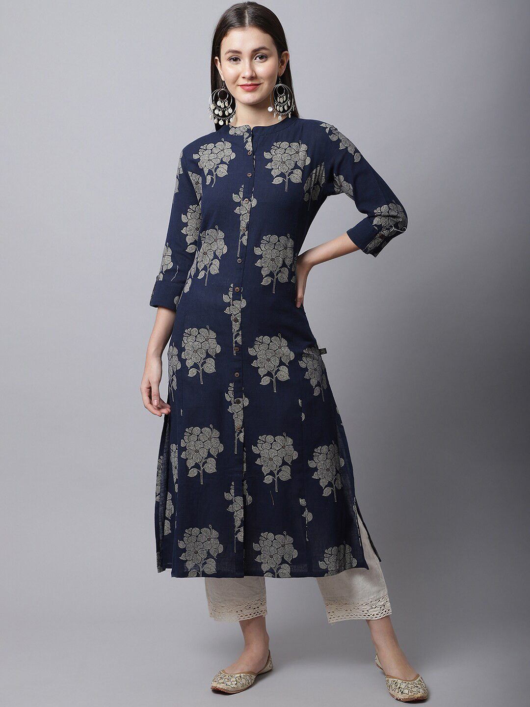 Navy blue printed A-line layered kurta.