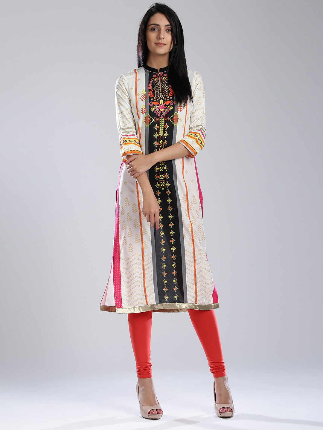 Buy W Women White & Golden Printed Straight Sustainable Kurta Kurtas