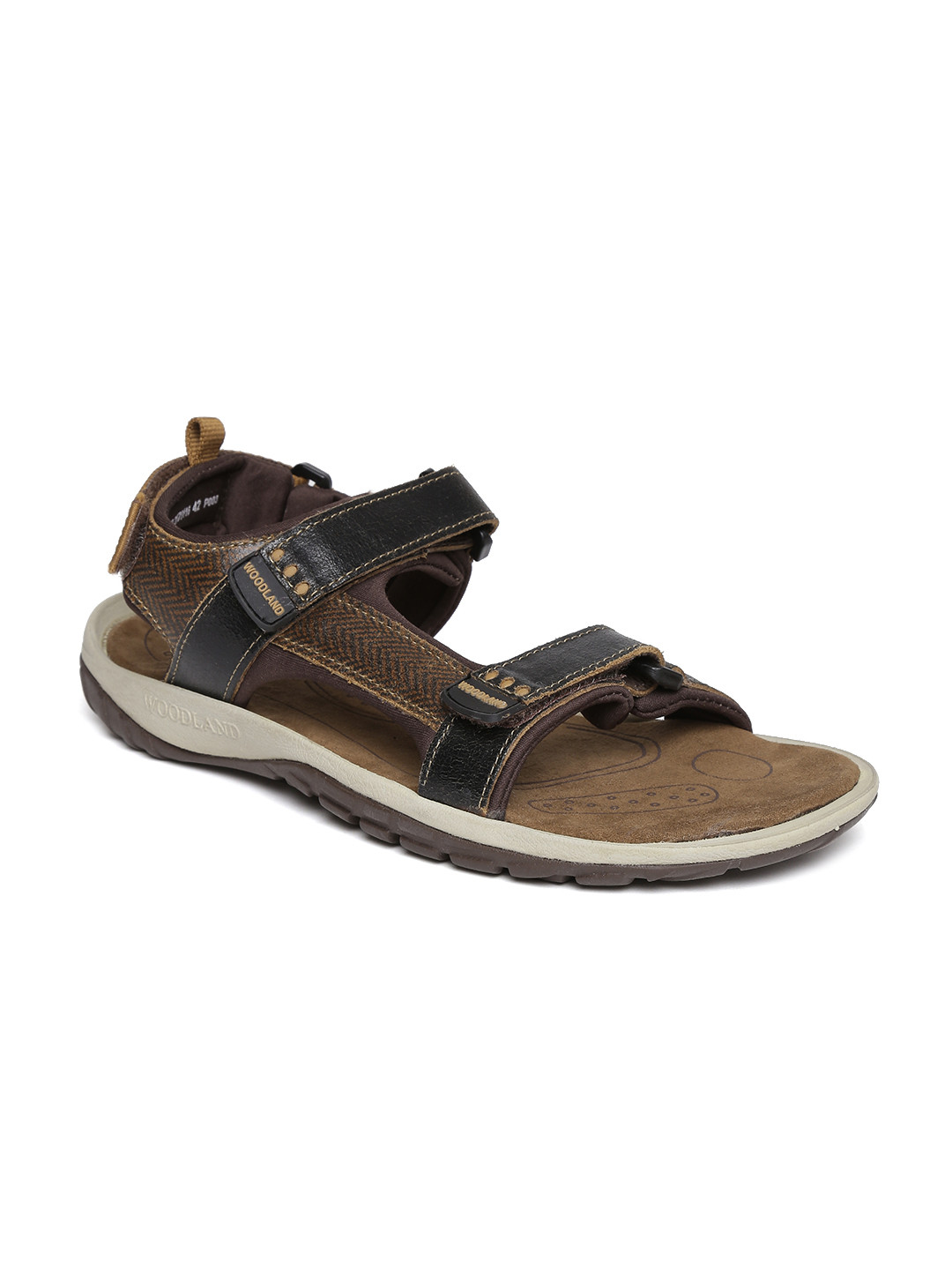Buy Woodland Men Black & Brown Patterned Leather Sandals