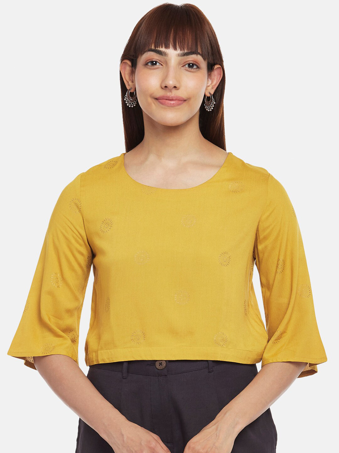 Buy AKKRITI BY PANTALOONS Mustard Yellow Print Crop Top Tops for