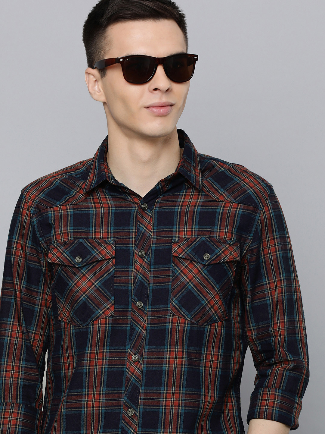 Buy Flying Machine Men Navy Blue & Red Slim Fit Tartan Checked Pure ...