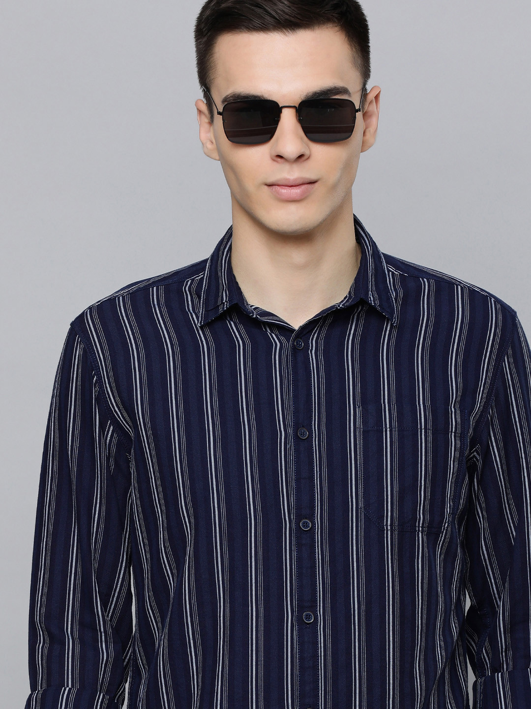 Buy Flying Machine Men Navy Blue Standard Slim Fit Striped Casual Shirt ...