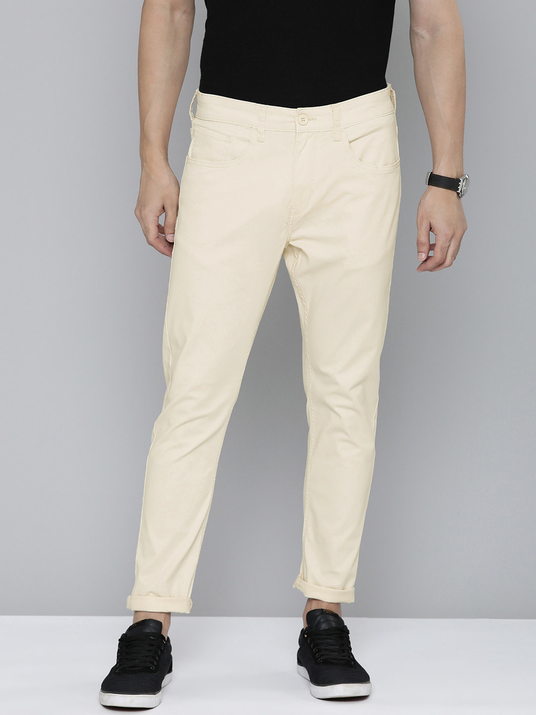 Buy Flying Machine Men Beige Solid Comfort Slim Tapered Fit Mid Rise Plain Woven Trousers