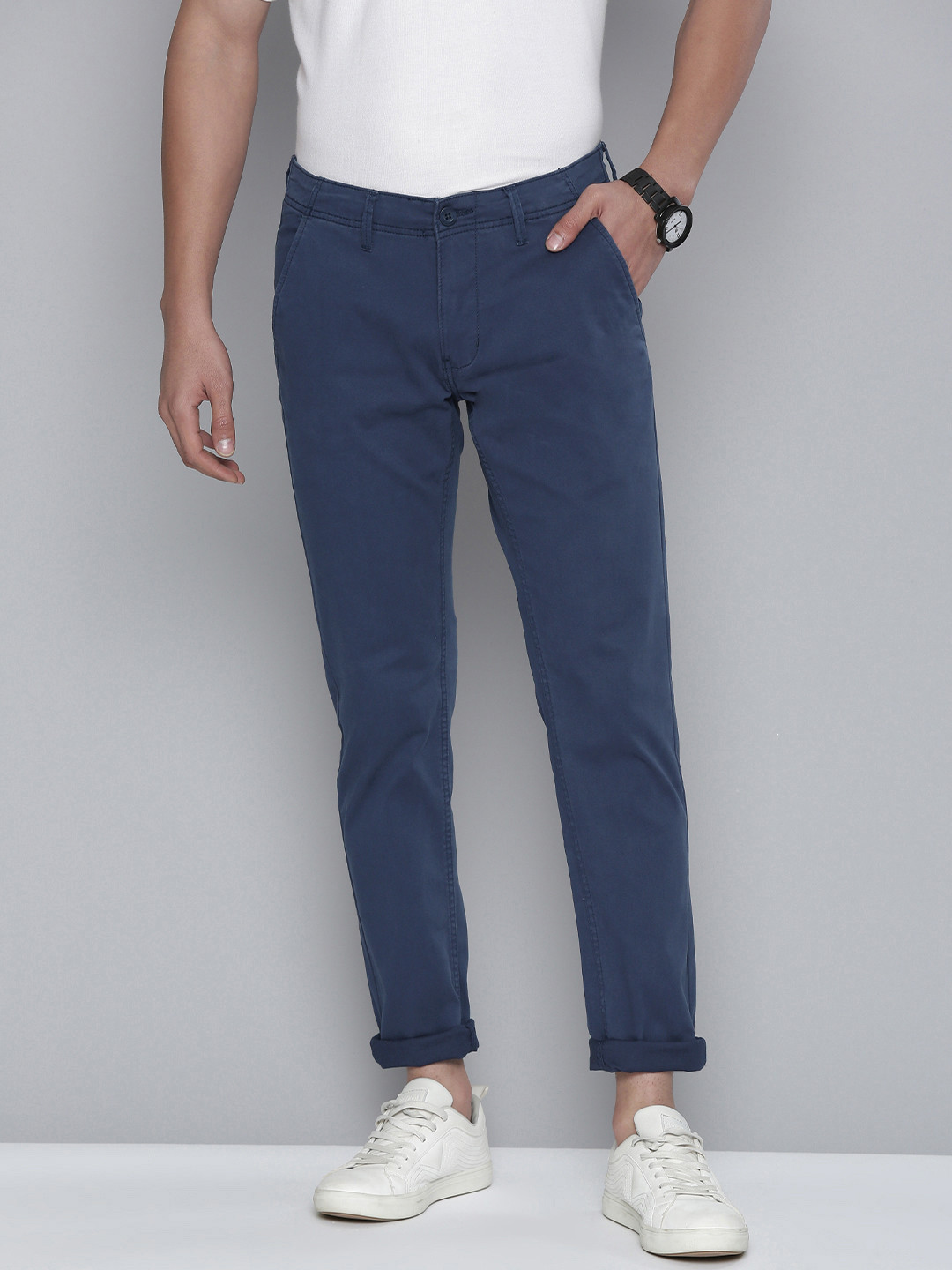 Buy Flying Machine Men Navy Blue Comfort Slim Fit Chinos Trousers ...