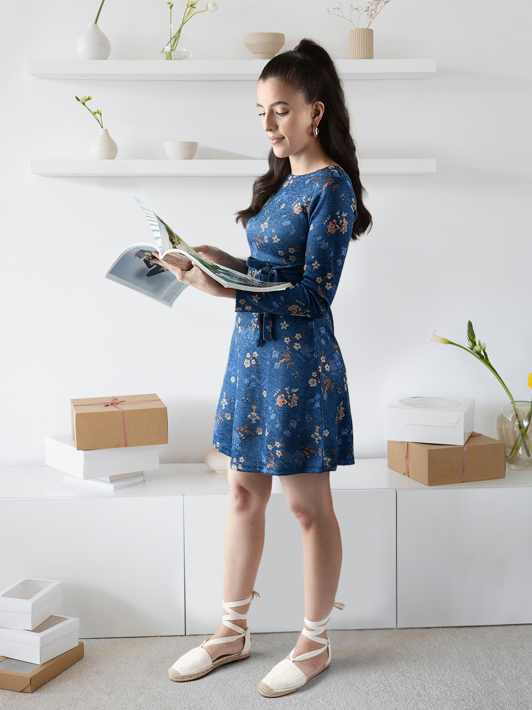 Women Blue Printed Flared Dress With Three Quarter Sleeves