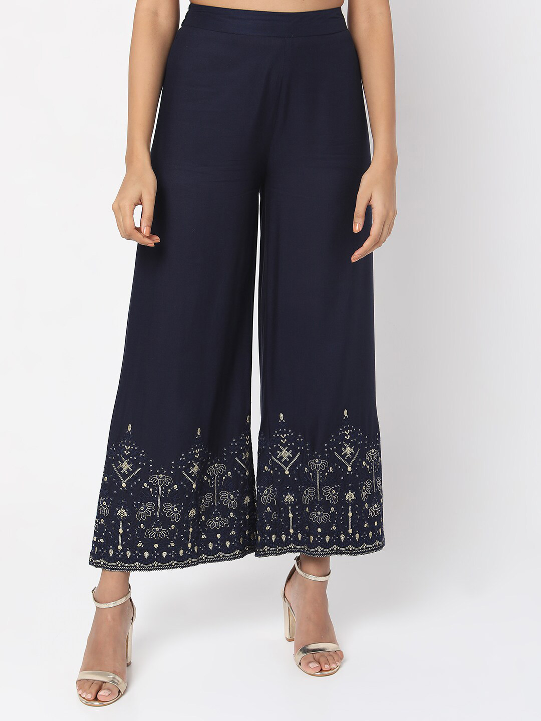 Women Navy Blue Embroidered Kurta with Palazzos main image 1