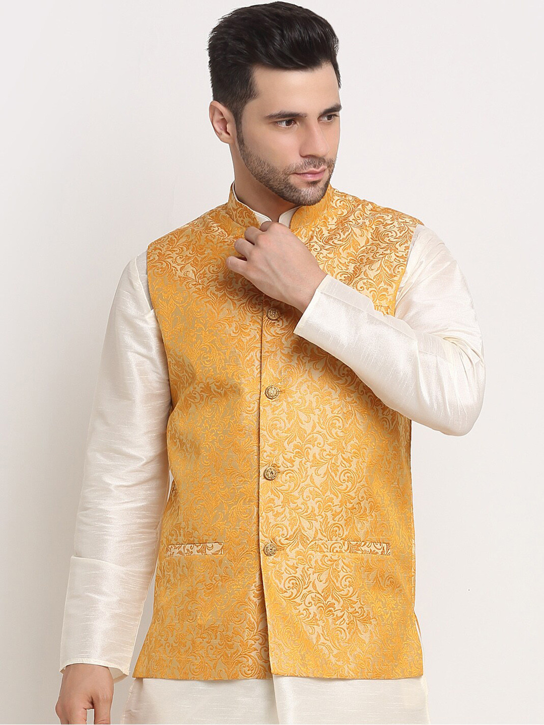 Men’s Olive Green & Beige Woven Design Jacquard Silk Nehru Jacket – Traditional Elegance