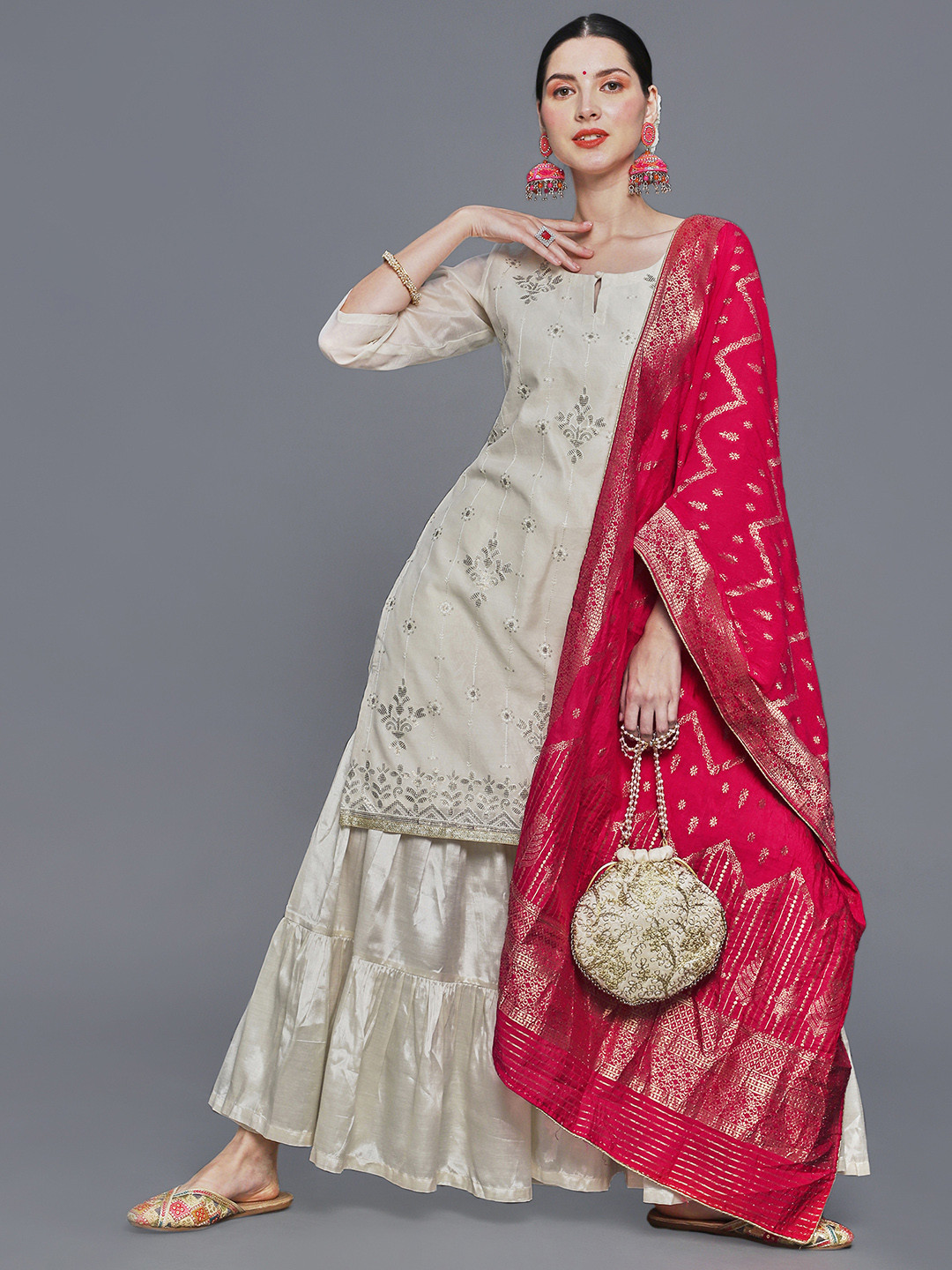 Women Ethnic Motifs Embroidered Regular Sequinned Kurta with Sharara & With Dupatta