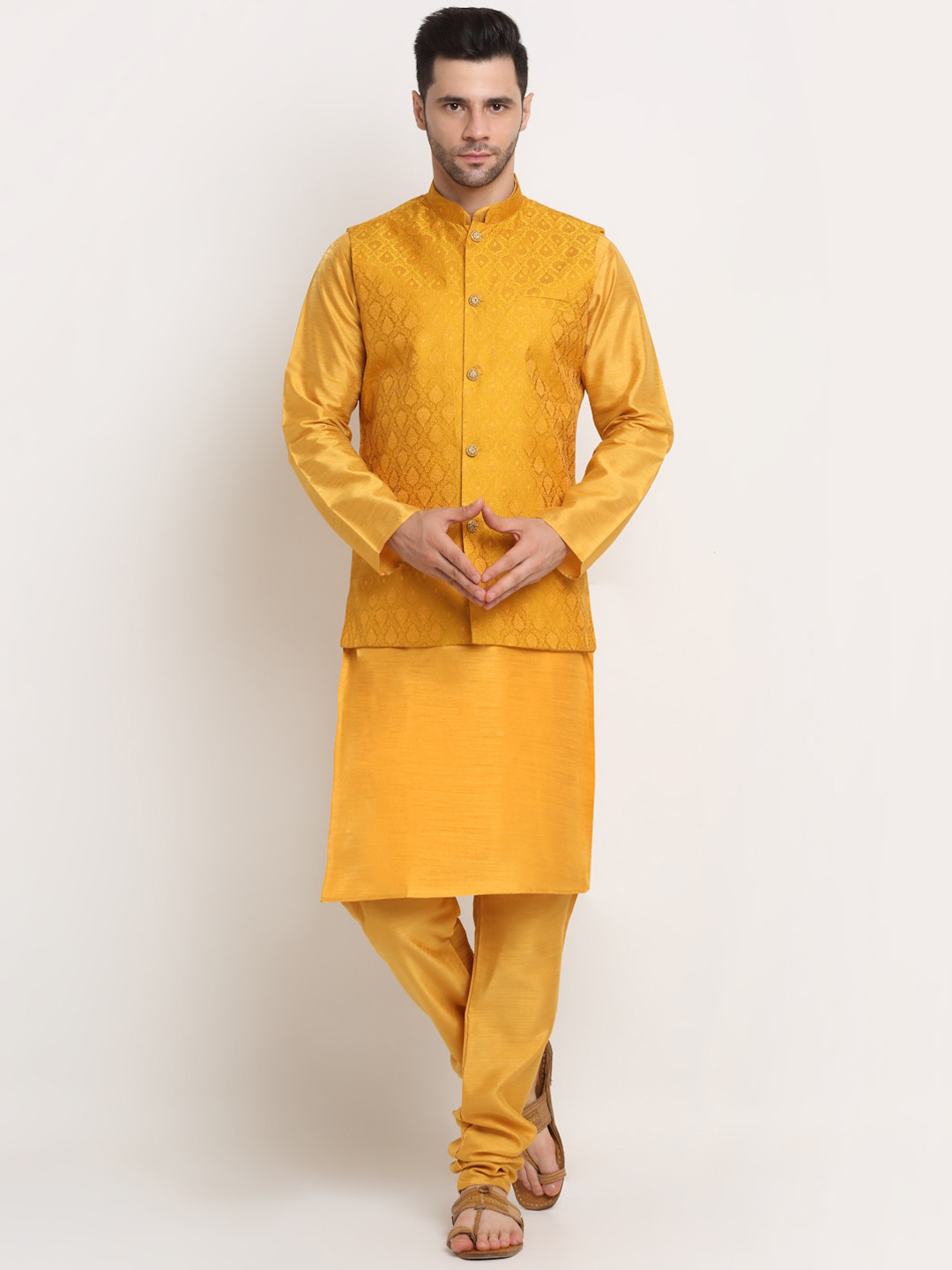 Men’s Blue Ethnic Motifs Woven Design Kurta Set with Churidar & Nehru Jacket – Traditional Elegance