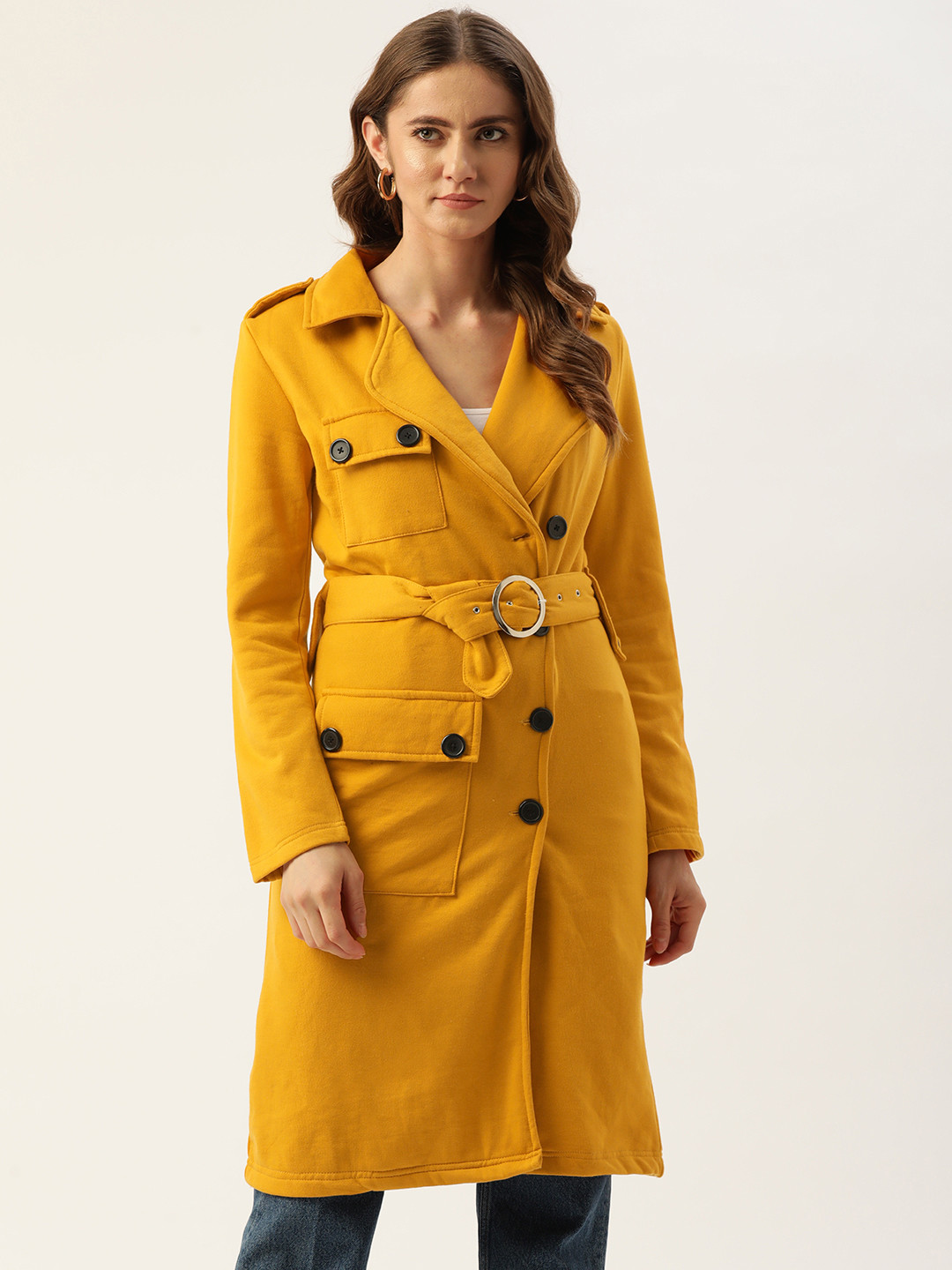 Buy Alsace Lorraine Paris Women Mustard Yellow Solid Longline Trench