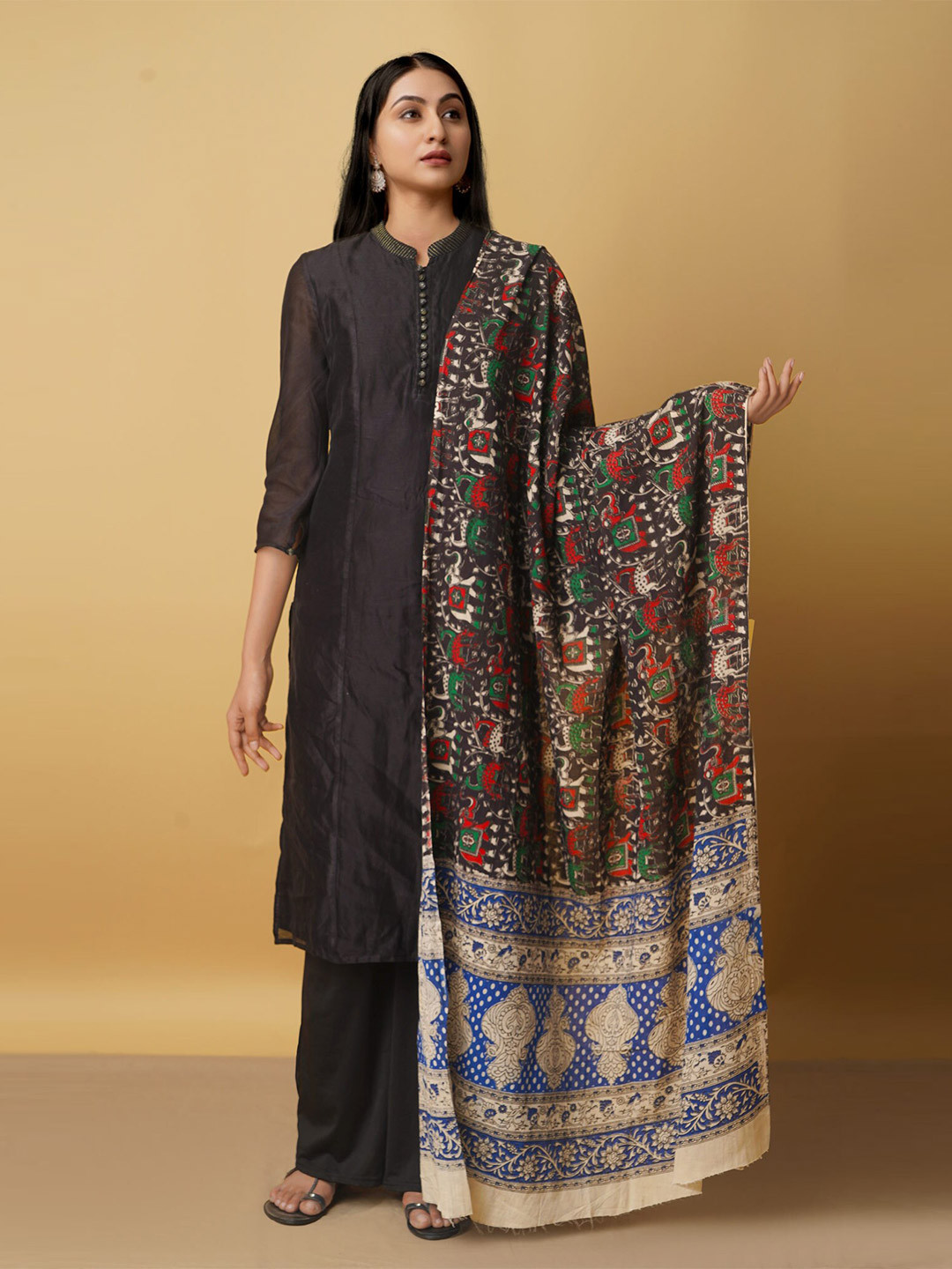 Buy Unnati Silks Women Black & Green Ethnic Motifs Printed Pure Cotton